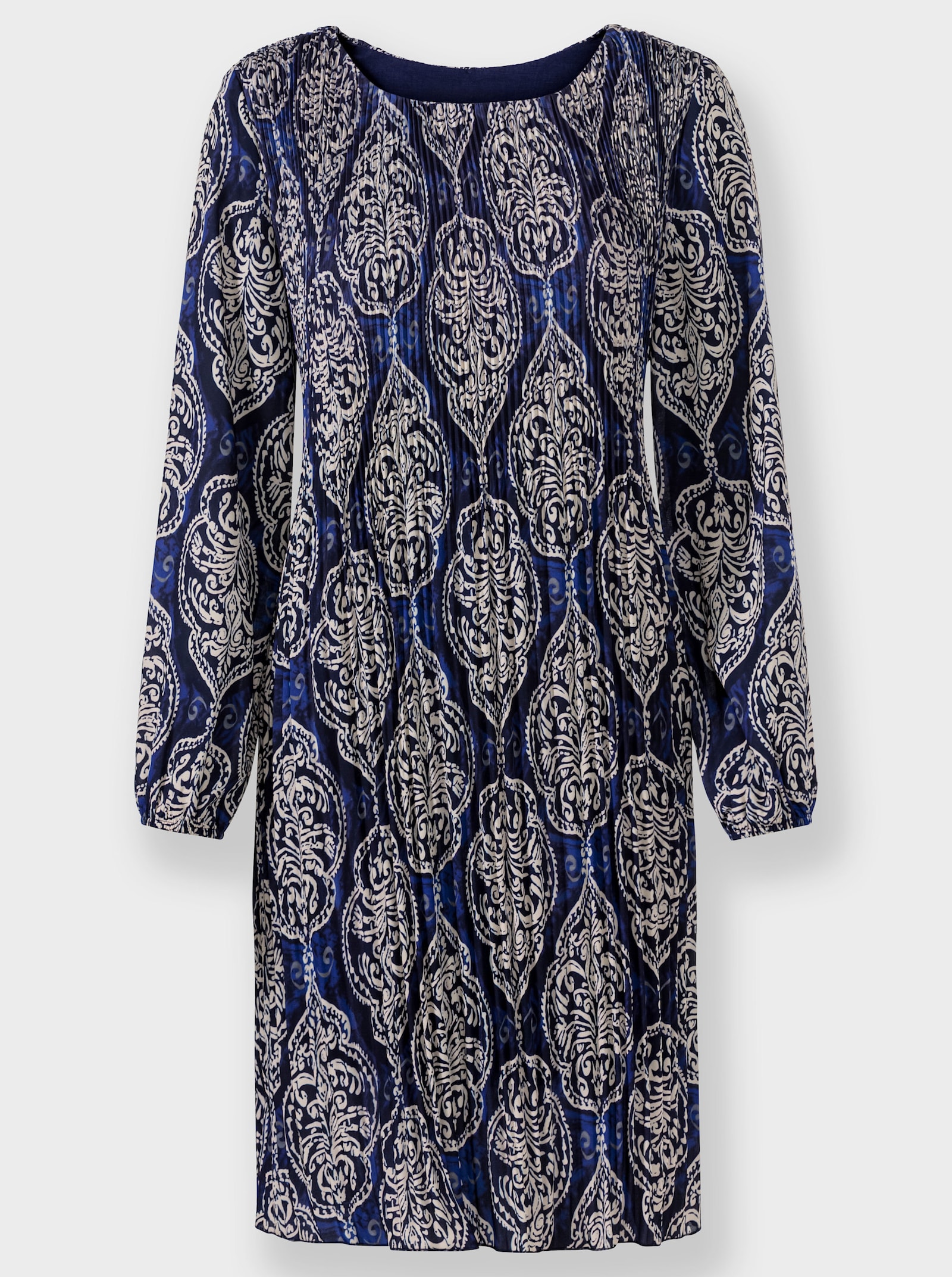 heine Plisséjurk met transparante mouwen - marine/zand bedrukt