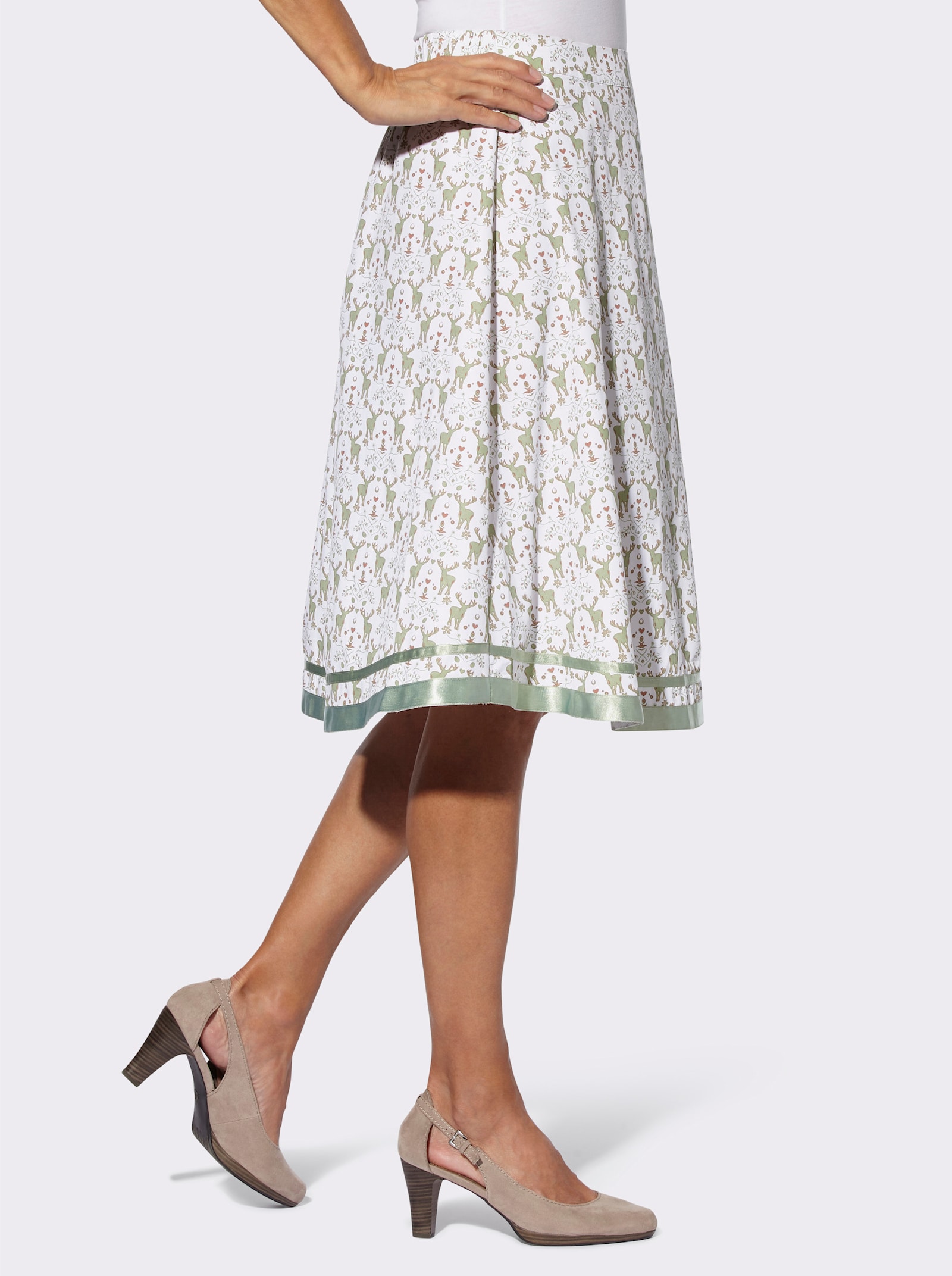Trachtenrock in A-Form, schwingend - ecru-eucalyptus-bedruckt