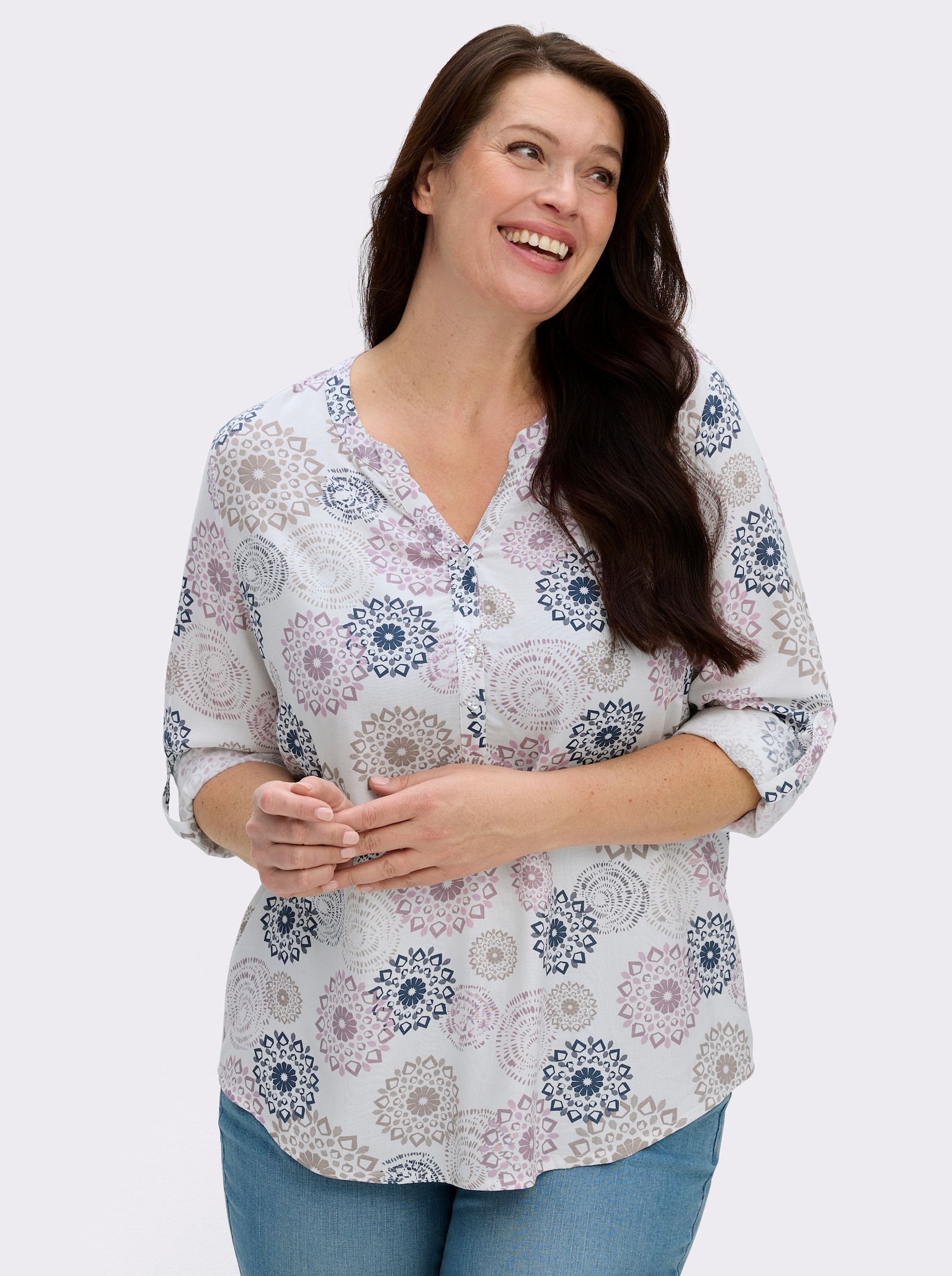 Langarmbluse mit Krempelfunktion - ecru-mauve-bedruckt