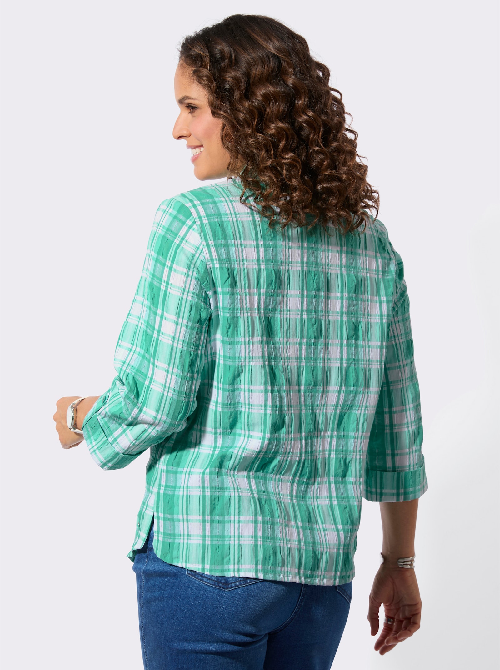 Geruite blouse van seersucker - smaragd/wit geruit