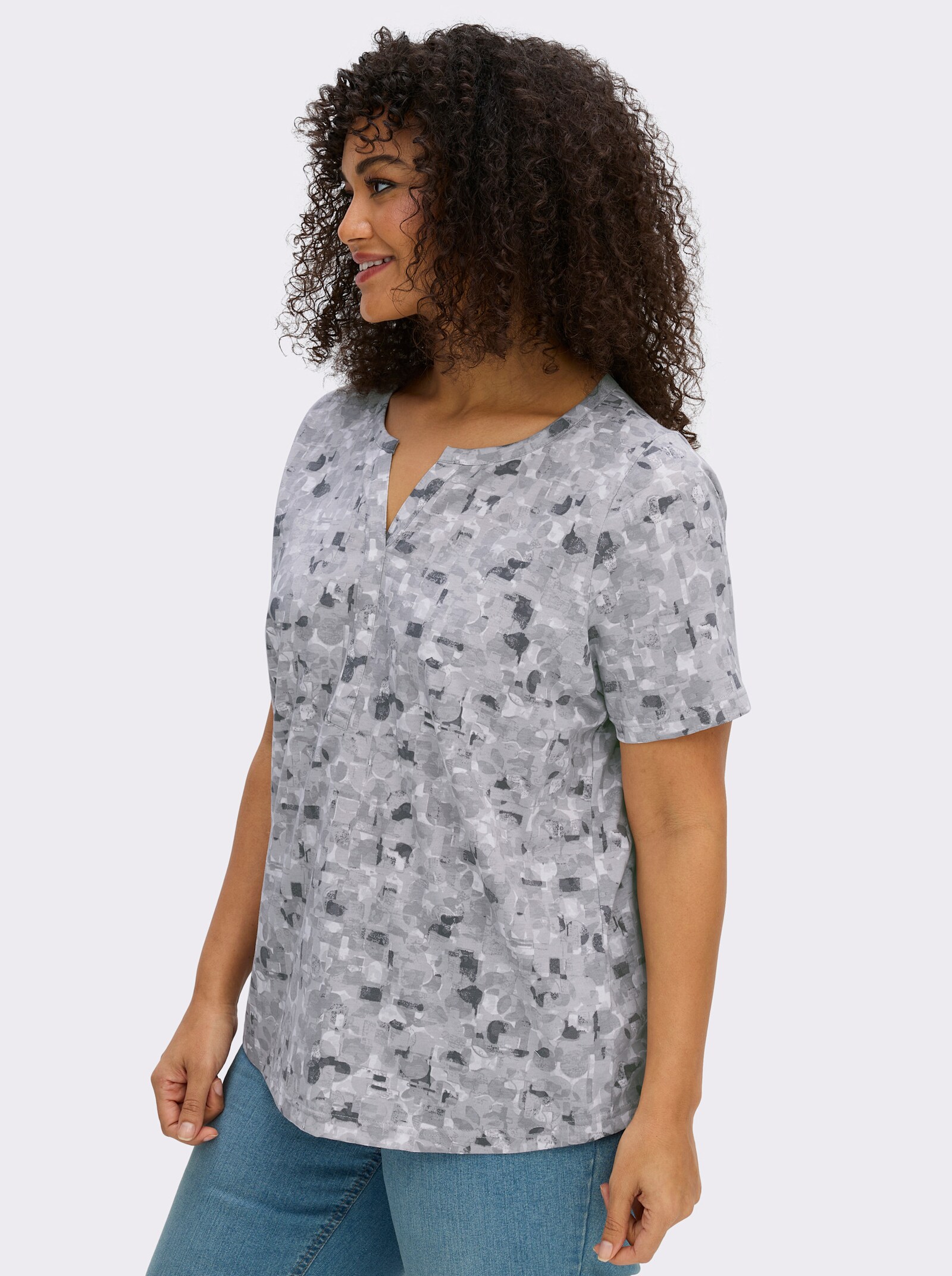 Kurzarmshirt in Baumwoll-Qualität - hellgrau-steingrau-bedruckt