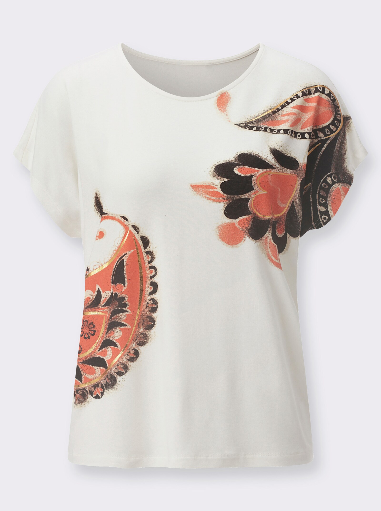 Kurzarmshirt mit überschnittenen Schultern - ecru-papaya-bedruckt