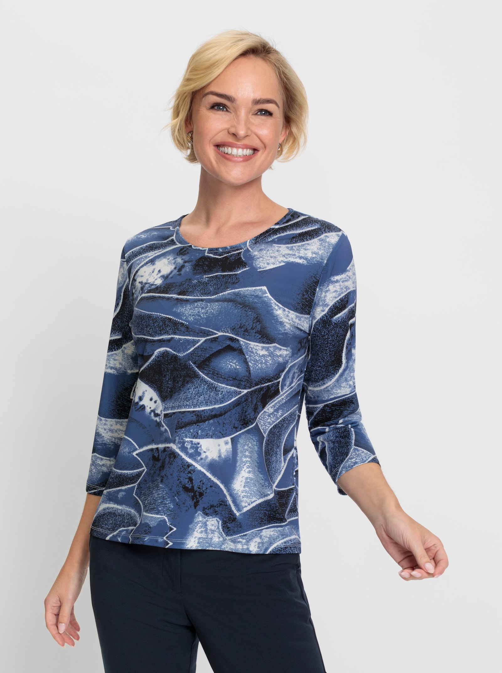 Shirt met ronde hals en grafisch patroon - jeansblauw/wit geprint