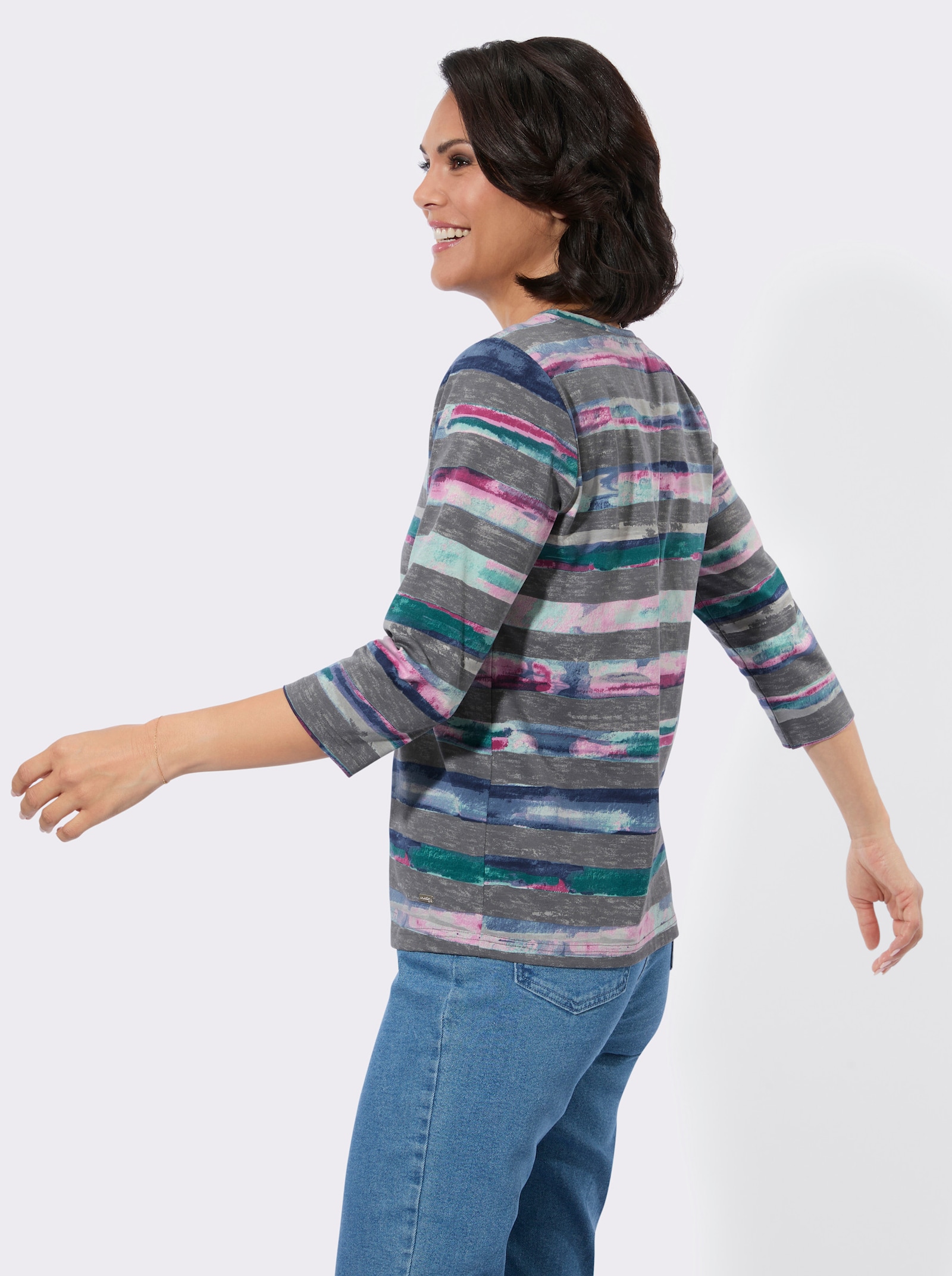 Rundhalsshirt im Ringel-Druckmuster - steingrau-aquapetrol-bedruckt