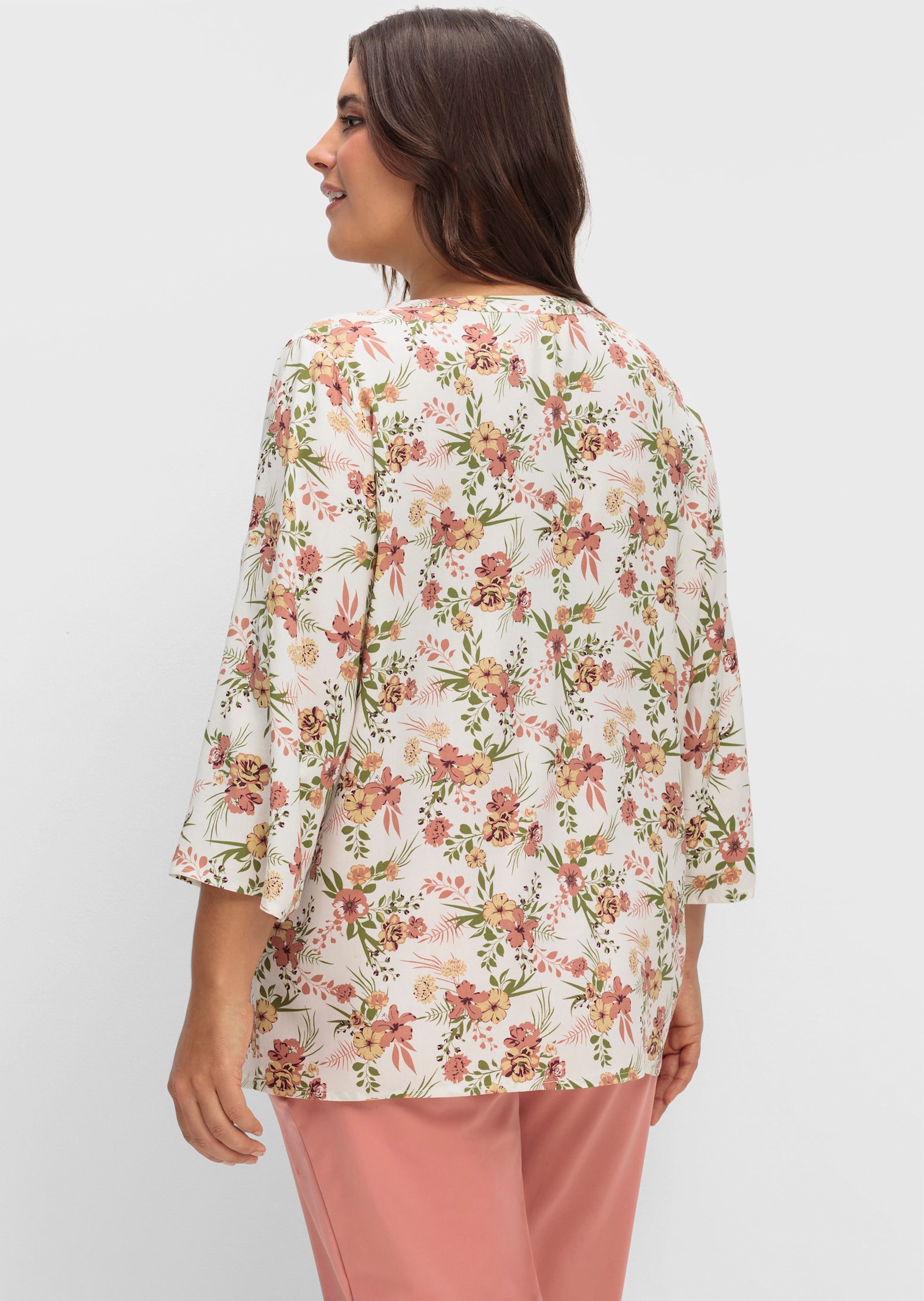 Druckbluse mit kurzer Knopfleiste - ecru-khaki-bedruckt