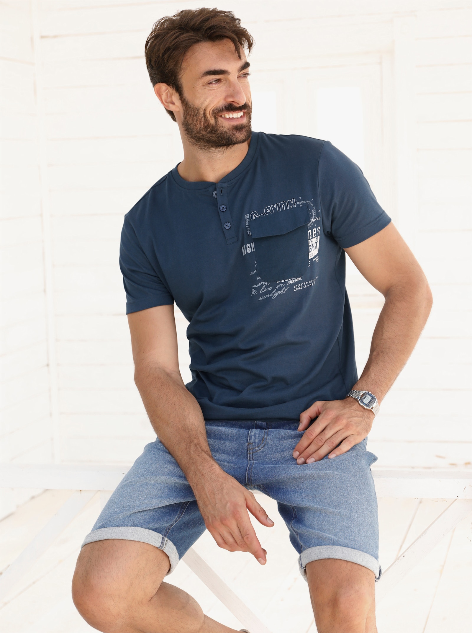 Catamaran Kurzarmshirt mit Henley-Ausschnitt - dunkelblau