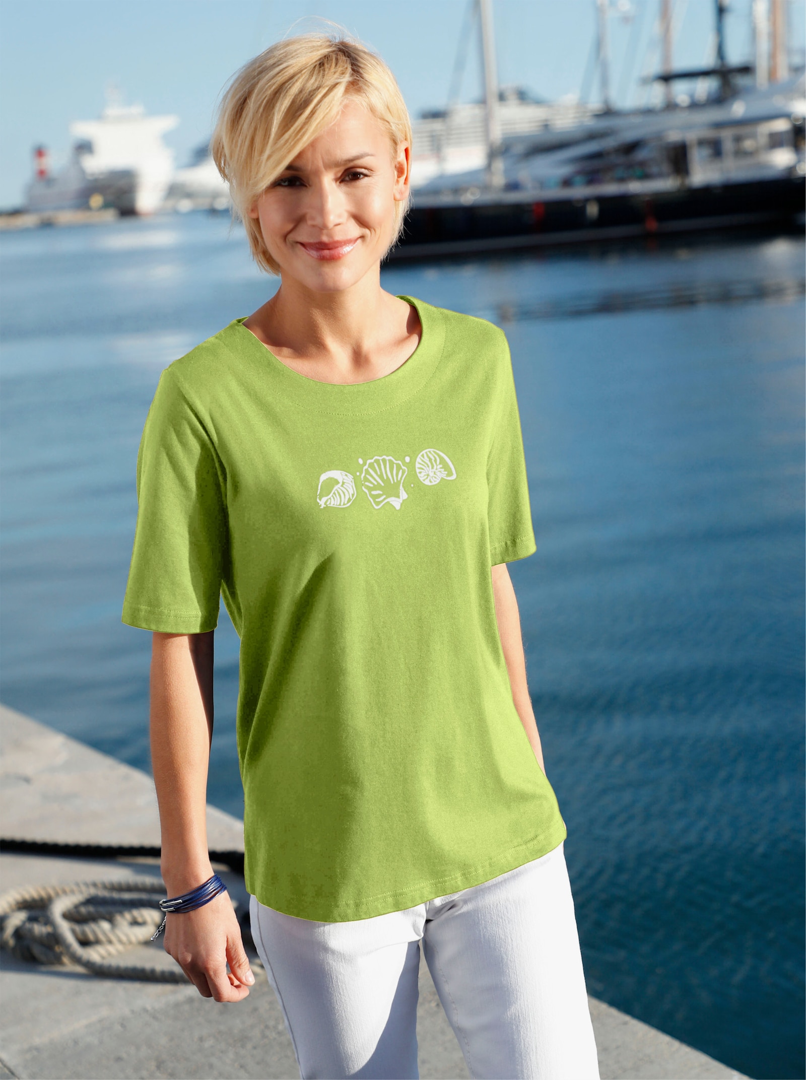 Kurzarmshirt mit Muschel-Druck - pistazie