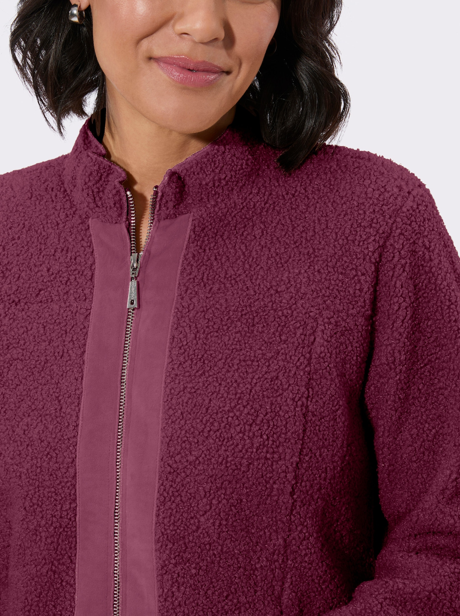 Boucléjacke mit Veloursleder-Opik - bordeaux