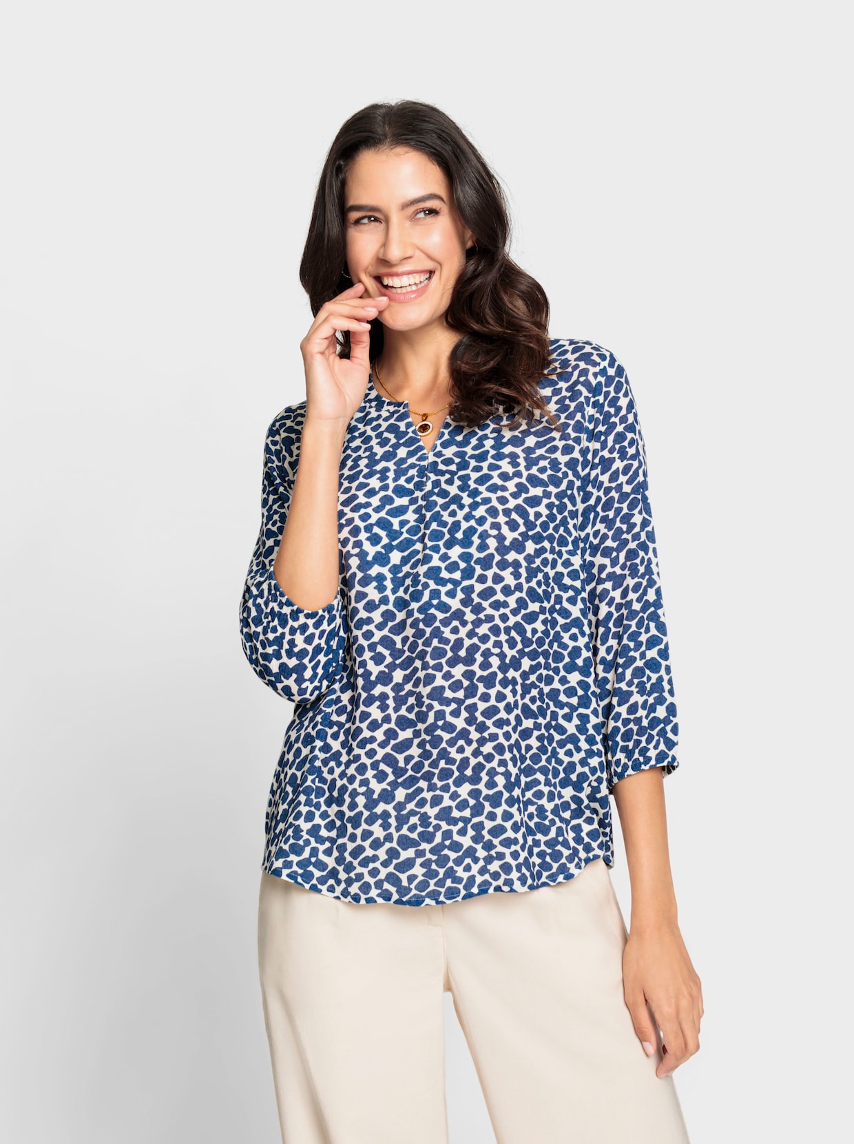 Bluse - jeansblau-ecru-bedruckt