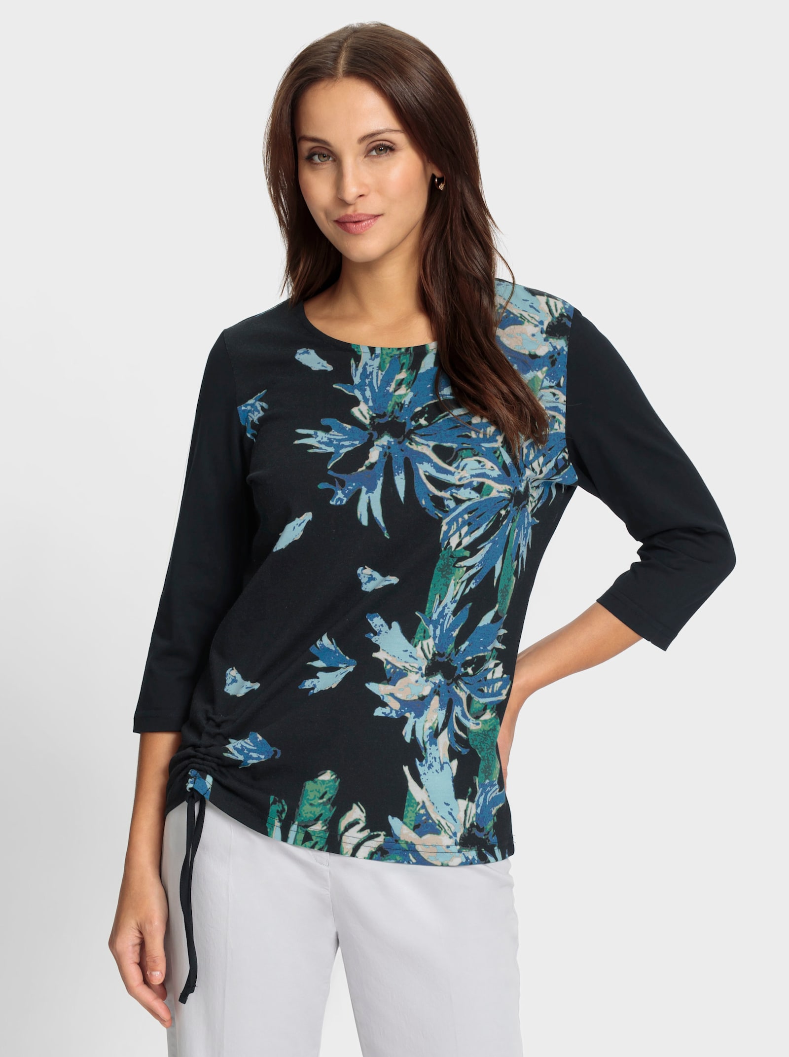 Shirt met 3/4-mouwen en bloemenprint - zwart/aquamarijn bedrukt