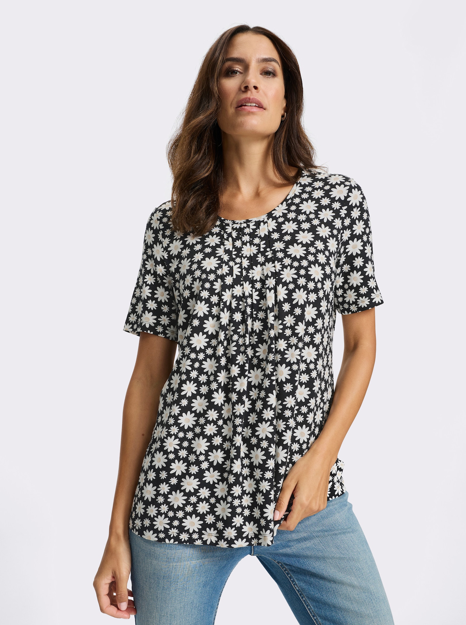 Print-Shirt in weicher Viskose-Qualität - schwarz-ecru-bedruckt