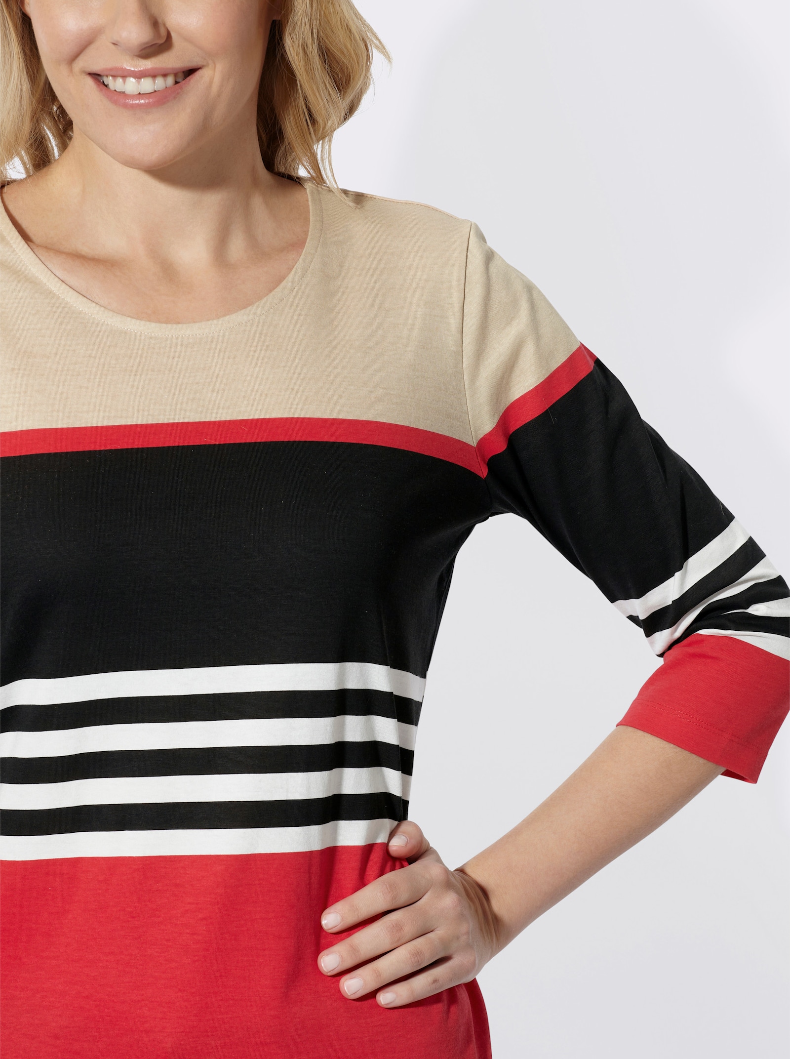 3/4-Arm-Shirt mit Blockstreifen und Ringeln - rot-schwarz-geringelt