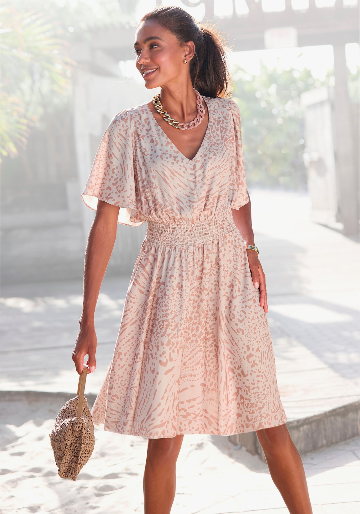 LASCANA Sommerkleid - sand-beige bedruckt