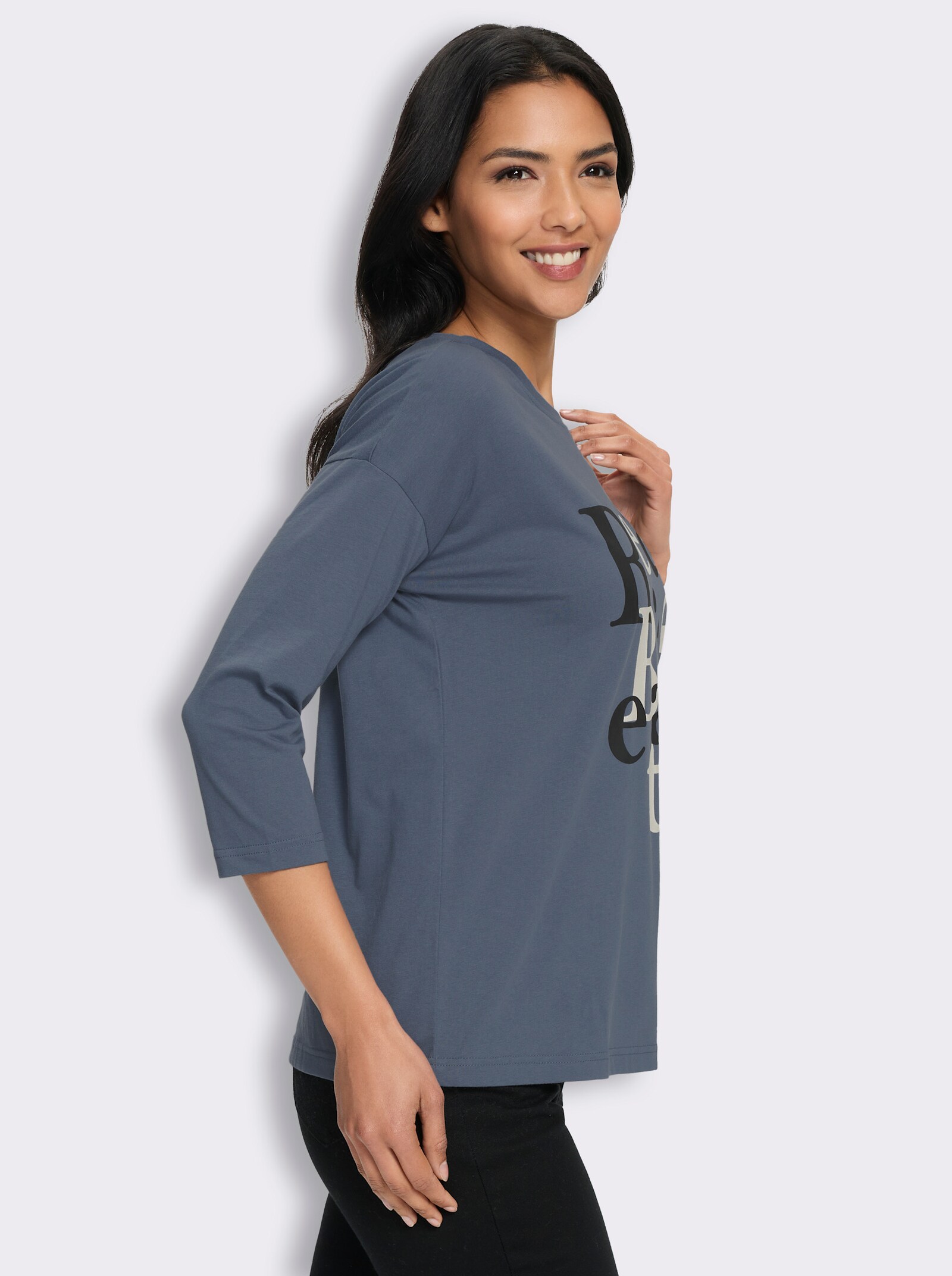 3/4-Arm-Shirt mit Schriftzug im Vorderteil - rauchblau-schwarz
