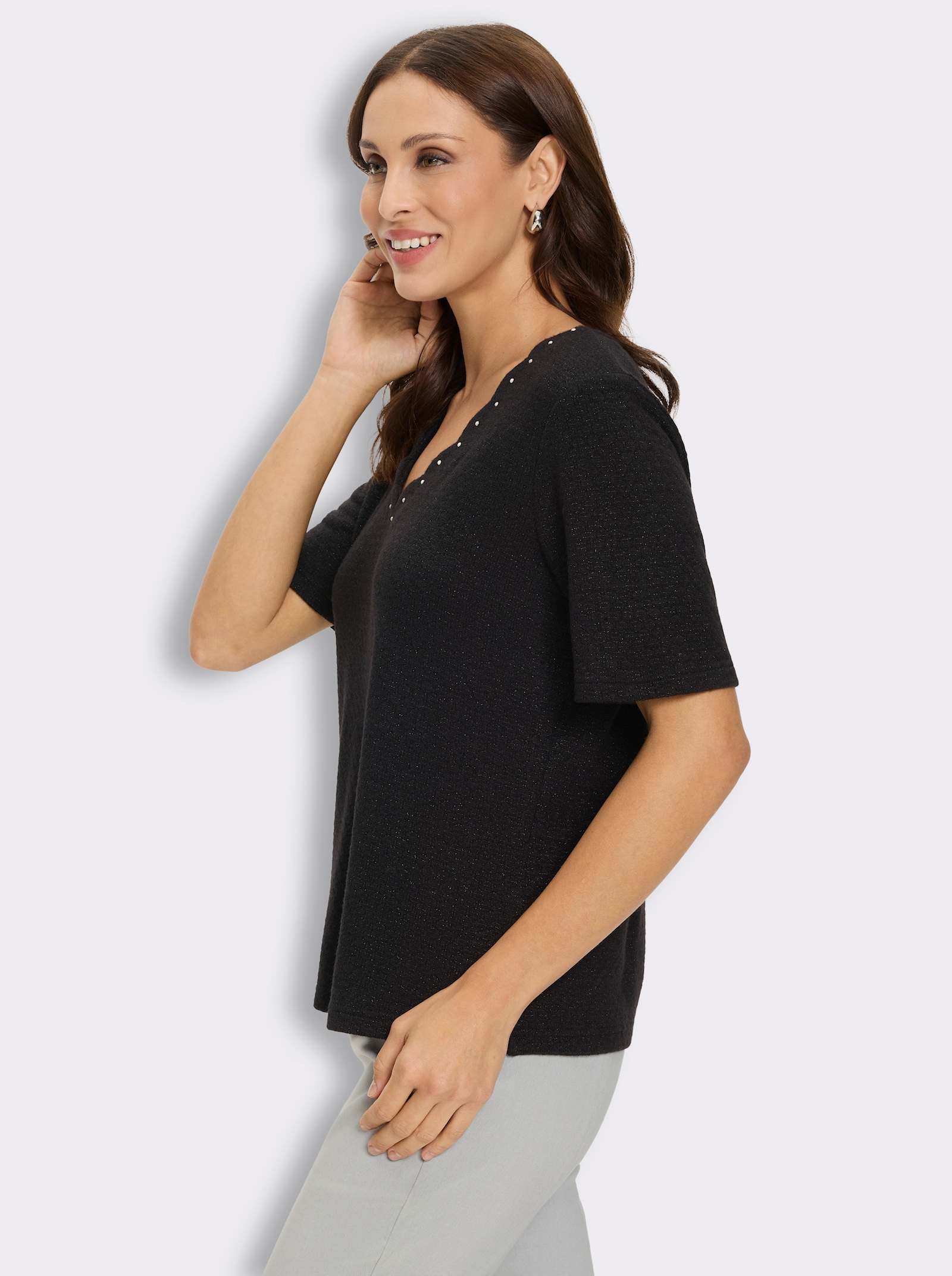 Kurzarmshirt mit Zierperlen - schwarz
