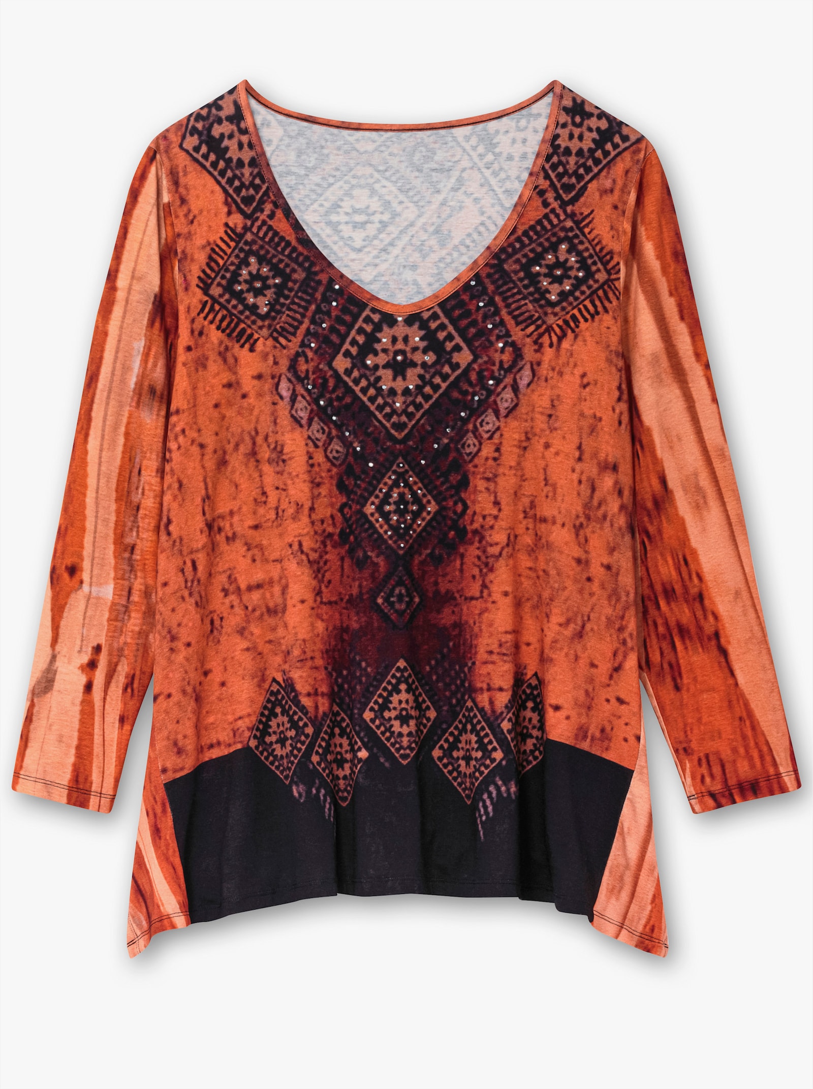 Zipfelshirt seitlich länger - schwarz-rost-gemustert