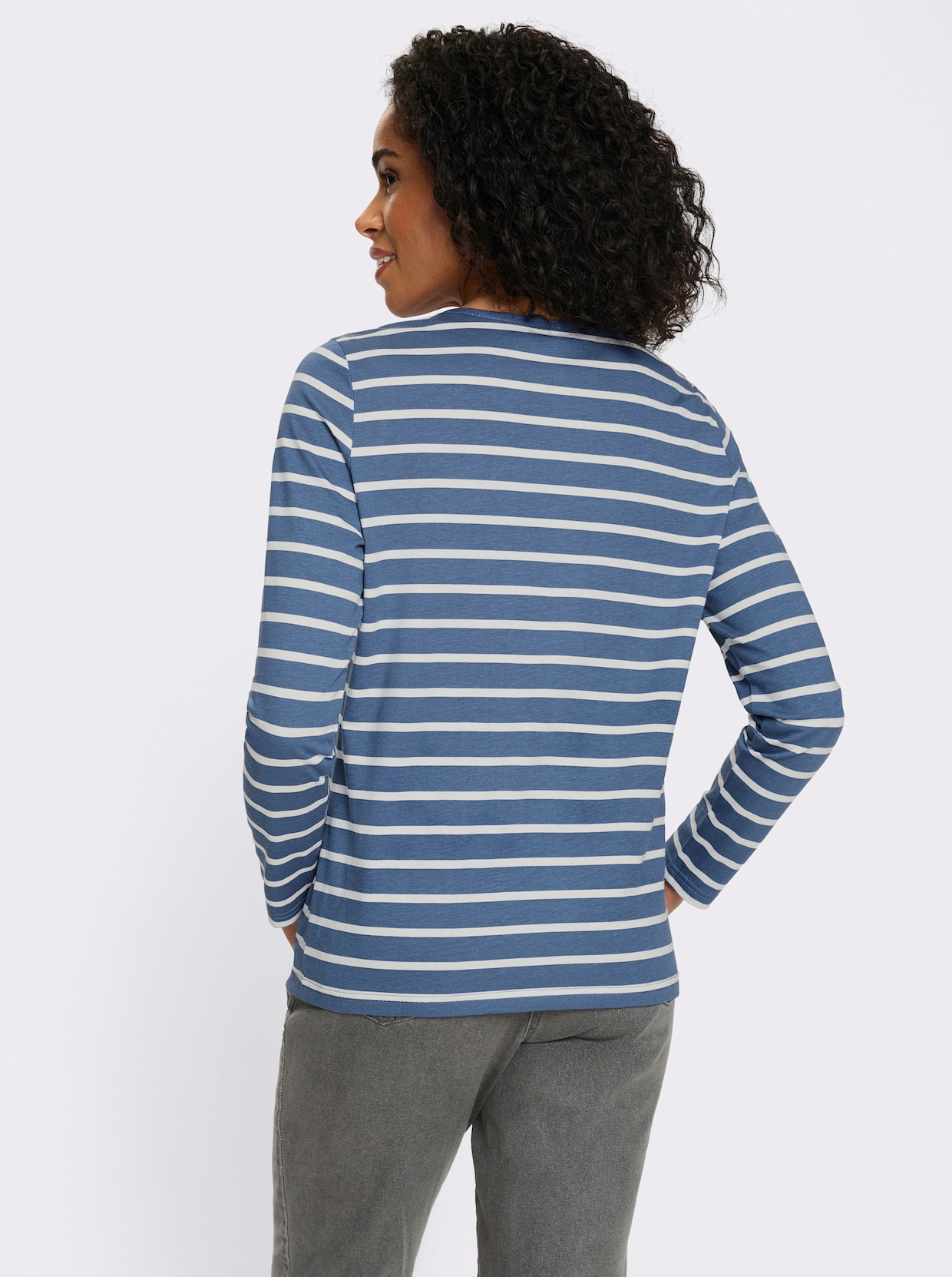 Langarmshirt mit Patch im Vorderteil, geringelt - jeansblau-ecru-geringelt