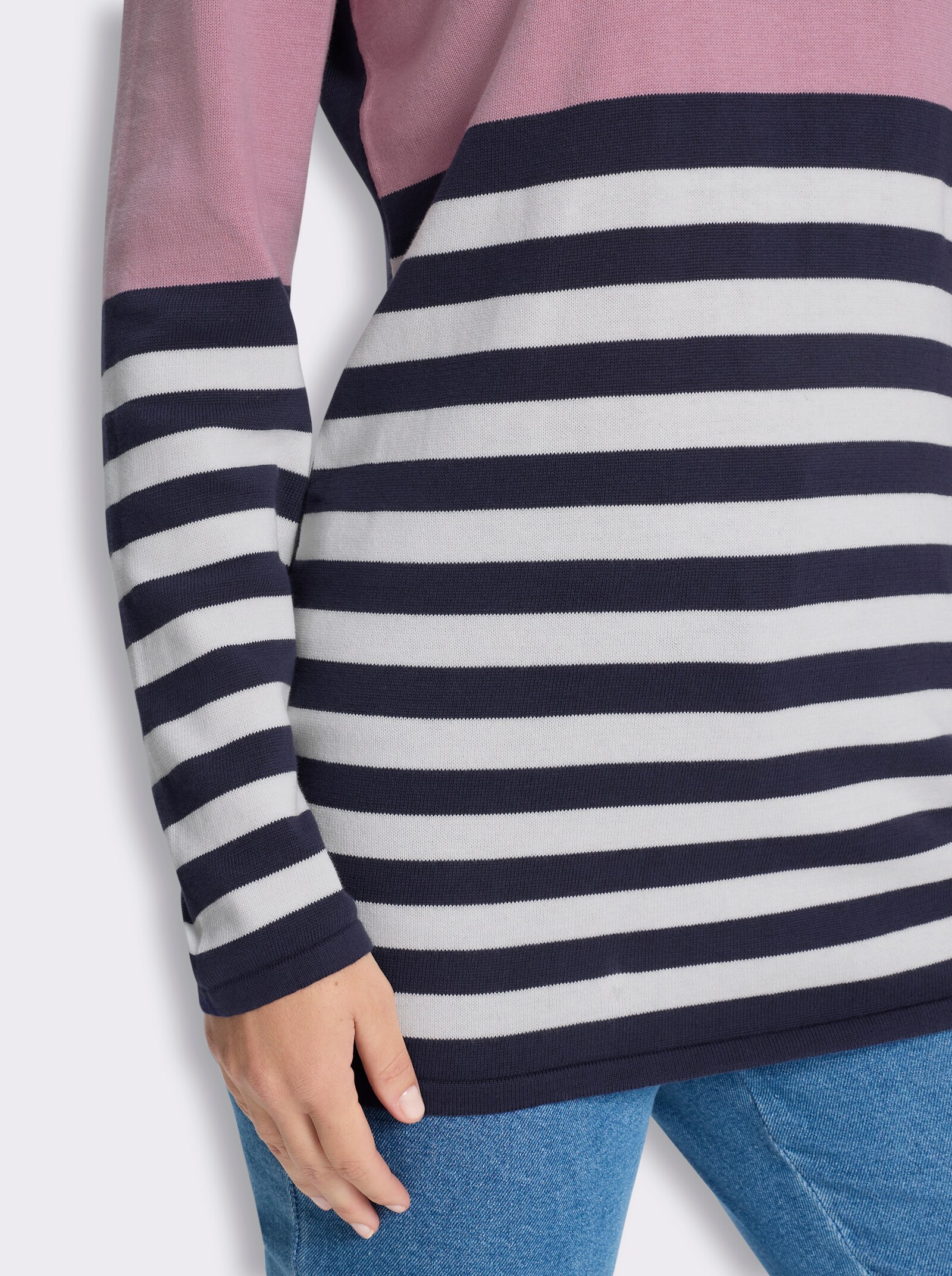 Longpullover mit Streifen-Muster vorne - rosé-marine-geringelt
