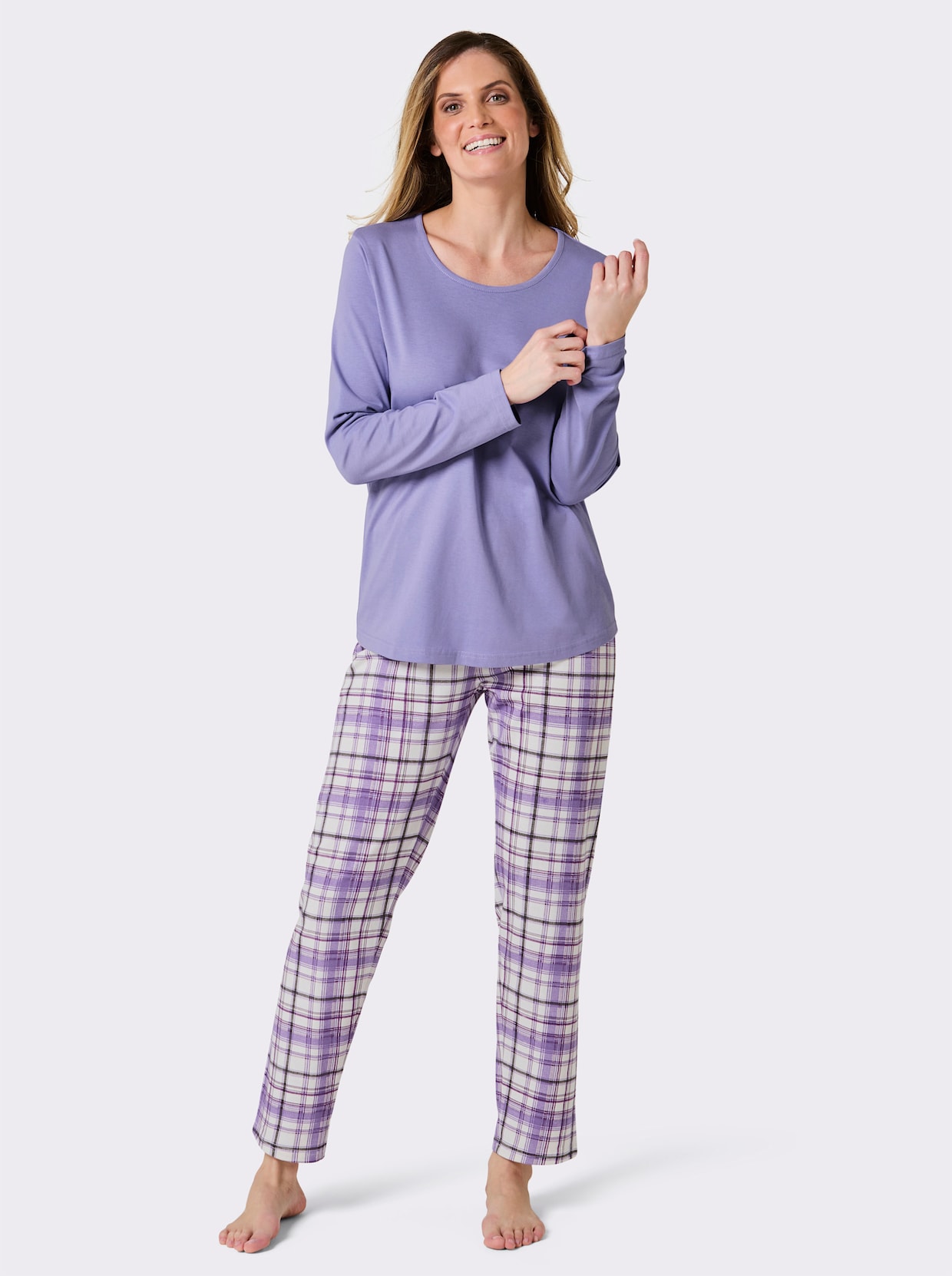wäschepur Schlafanzüge mit karierten Hosen - grau-meliert-bedruckt + lavendel-bedruckt