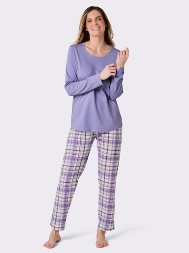wäschepur Schlafanzüge mit karierten Hosen - grau-meliert-bedruckt + lavendel-bedruckt