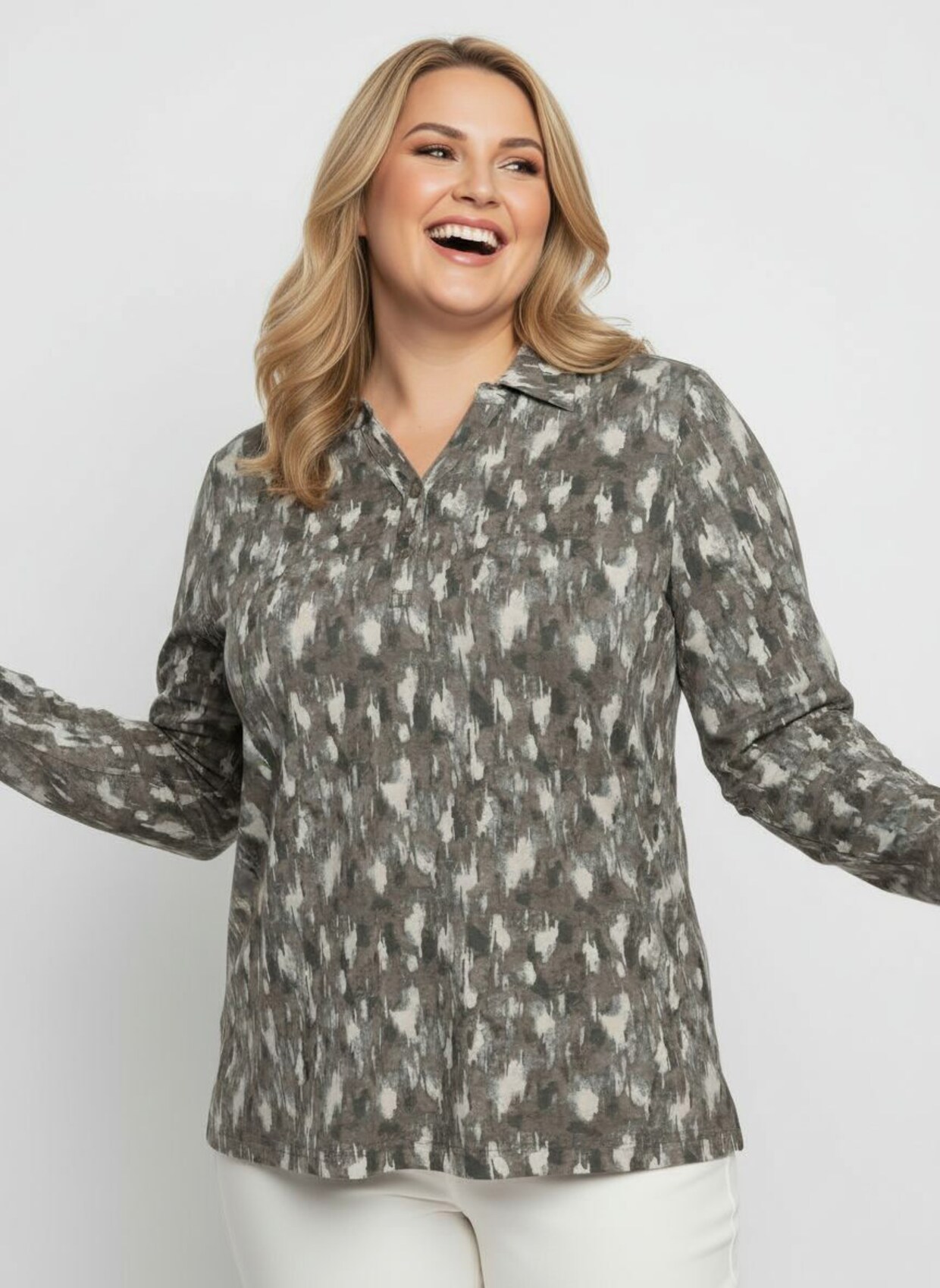 Poloshirt mit kurzer Knopfleiste - taupe-graphit-bedruckt