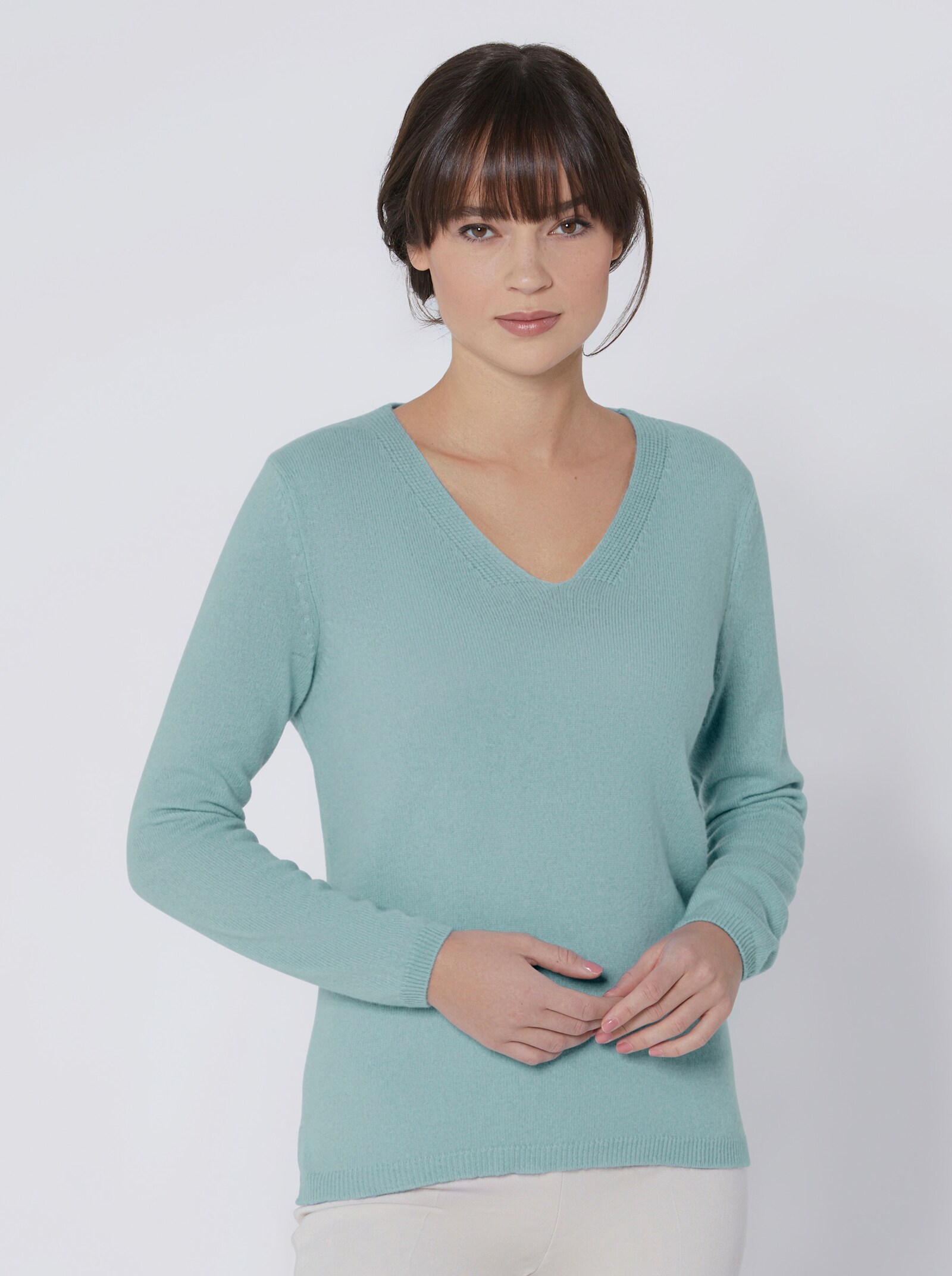 CREATION L PREMIUM Kaschmirpullover mit V-Ausschnitt - aqua-meliert