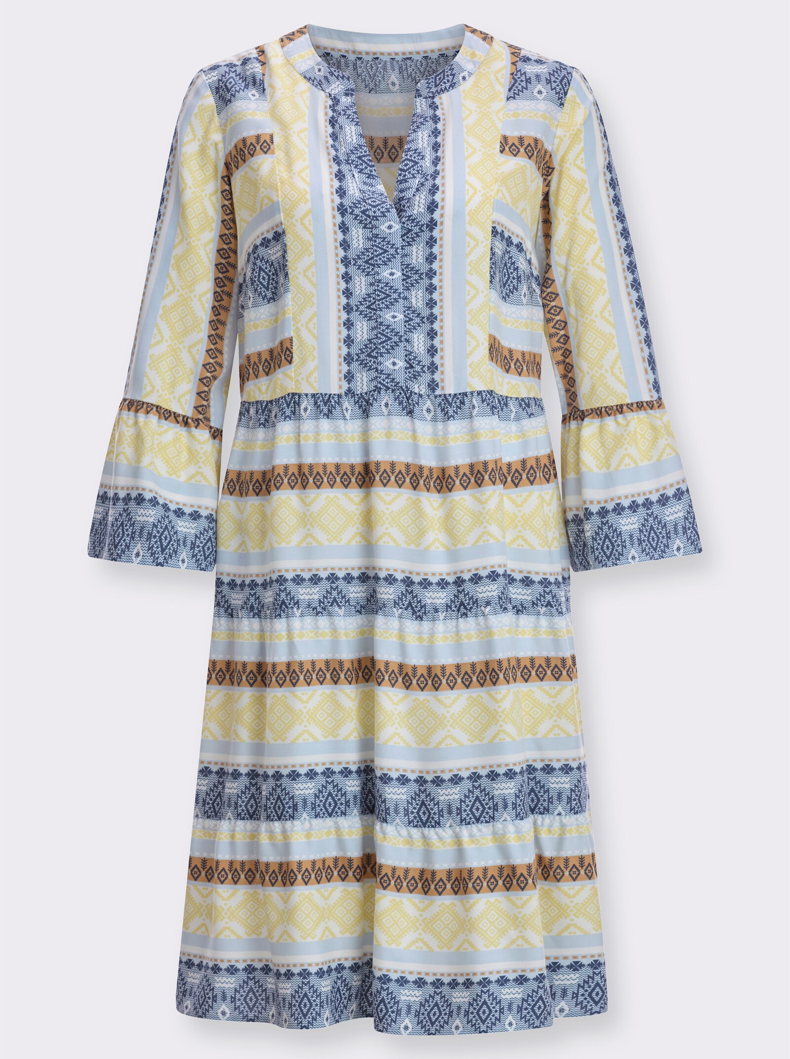 Gelaagde jurk met volant aan de mouwboord - citroen/donkerblauw bedrukt