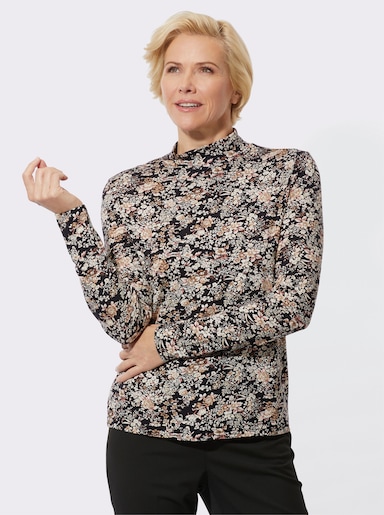 Stehkragenshirt im Blümchenmuster - camel-schwarz-bedruckt