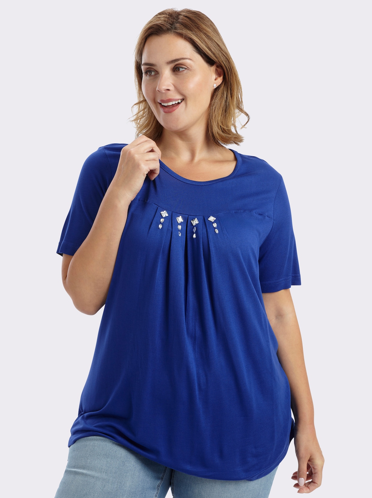 Kurzarmshirt mit Ziersteinchen, reine Viskose - royalblau