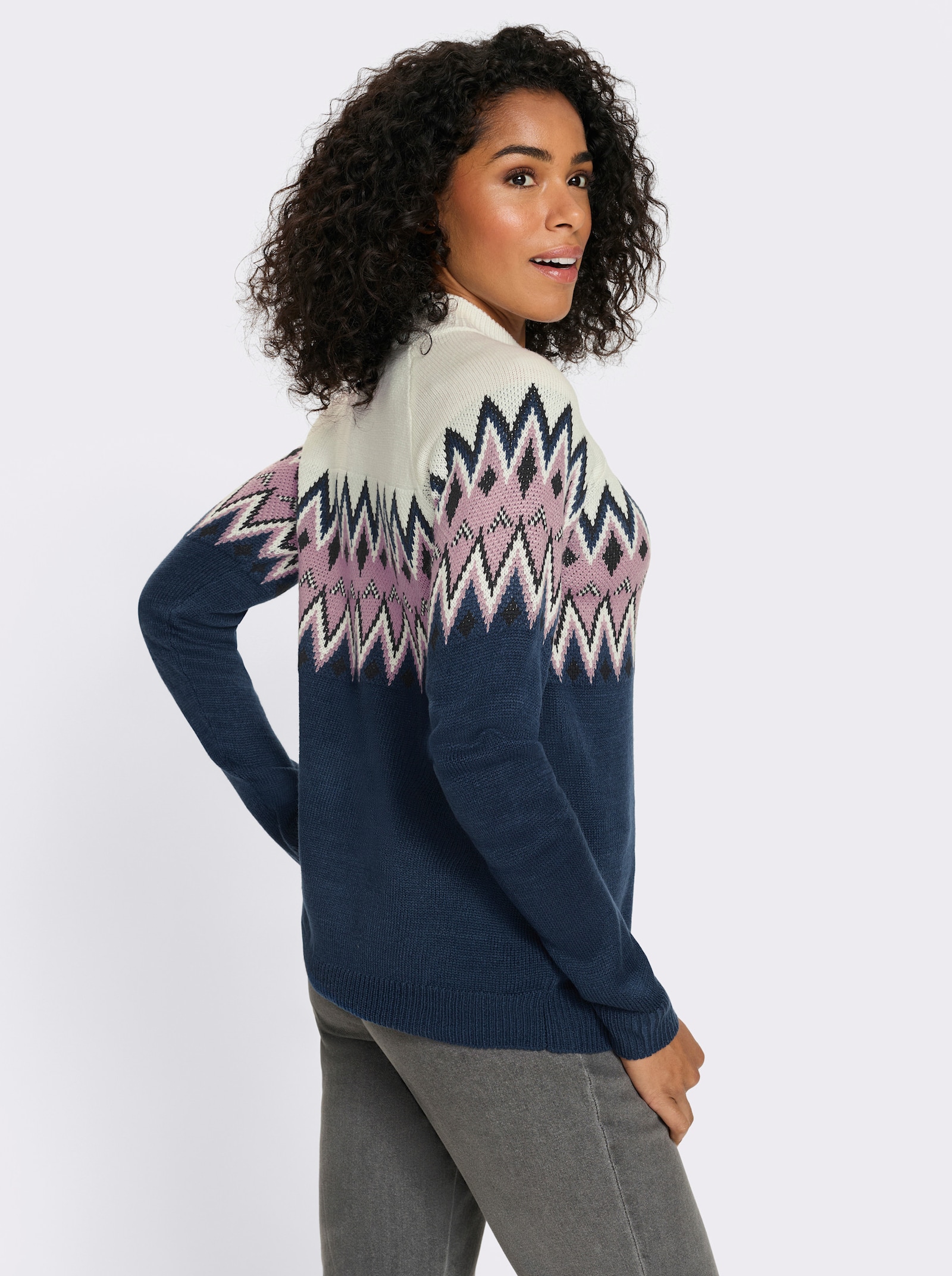 Pullover met lange mouwen en Noors patroon - donkerblauw/mauve gedessineerd