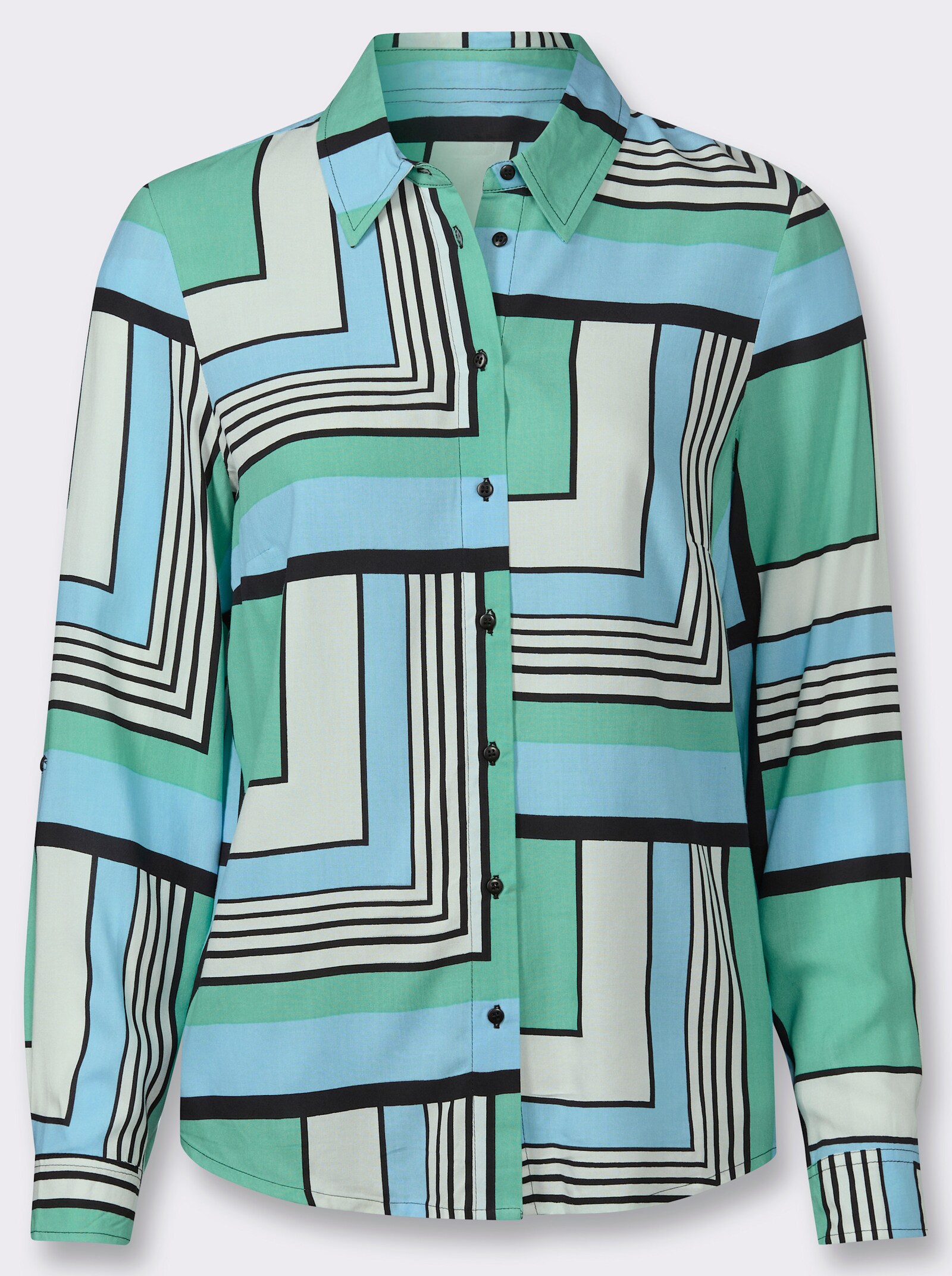 Druckbluse mit längenregulierbaren Ärmeln - aqua-ecru-bedruckt