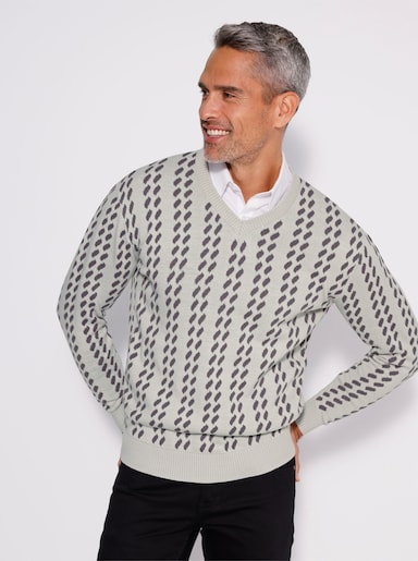 Svetr s výstřihem do V s grafickým pleteným vzorem - světlešedá-antracitová