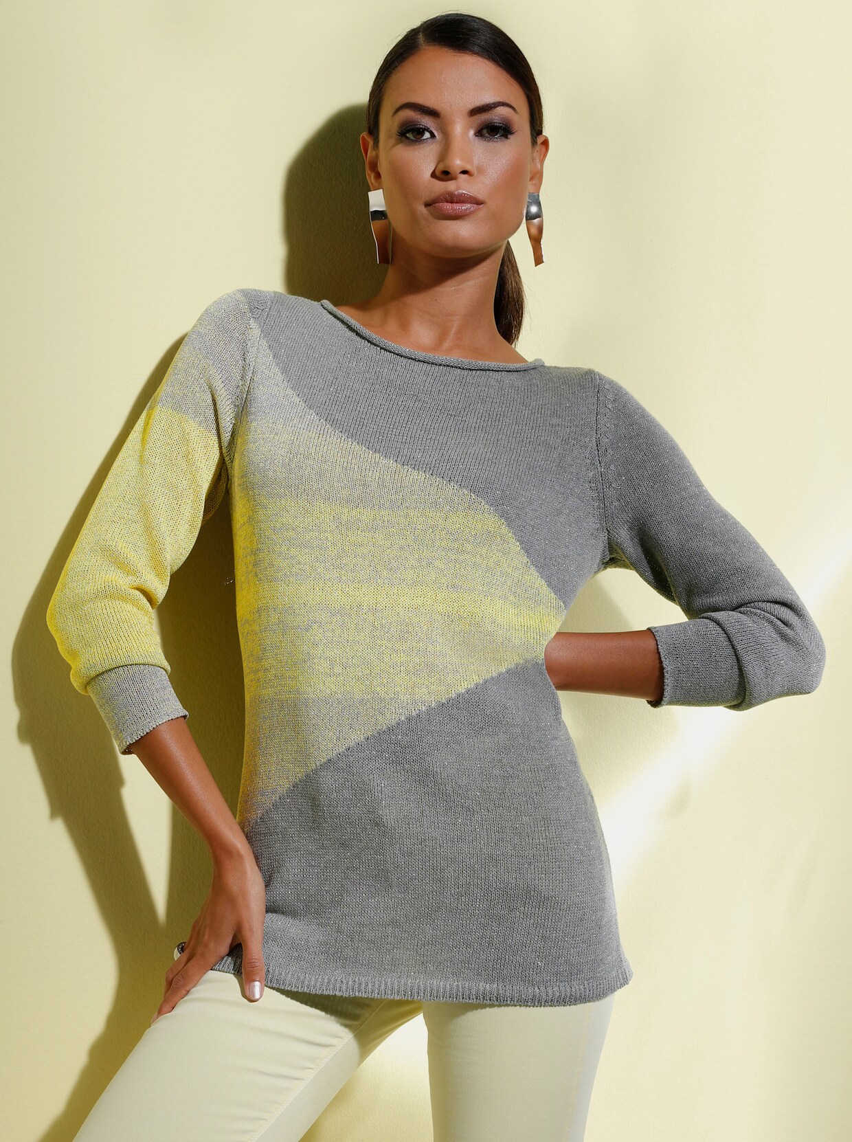 Strickpullover - steingrau-zitrone
