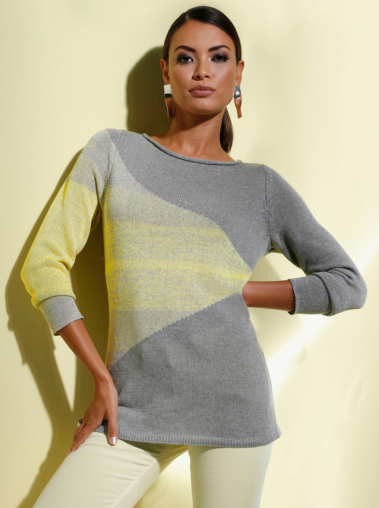 Strickpullover - steingrau-zitrone