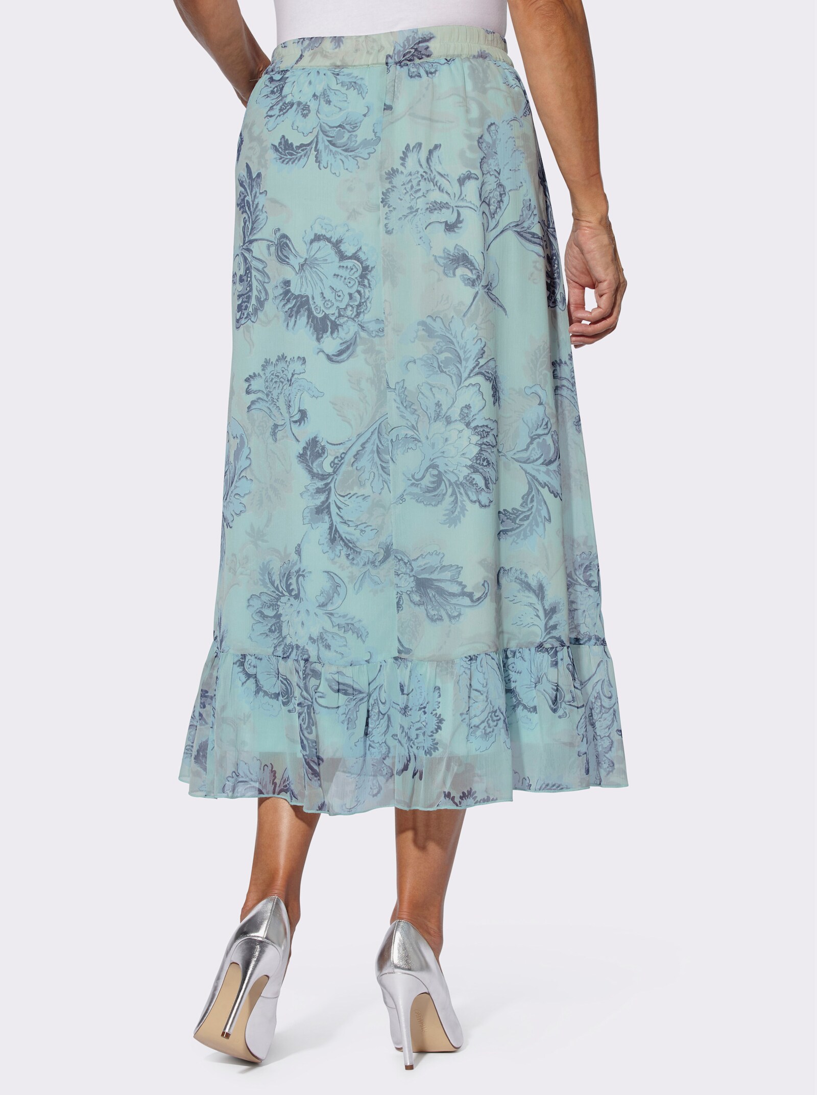 Volantrok met bloemenprint - kalkmint/rookblauw bedrukt