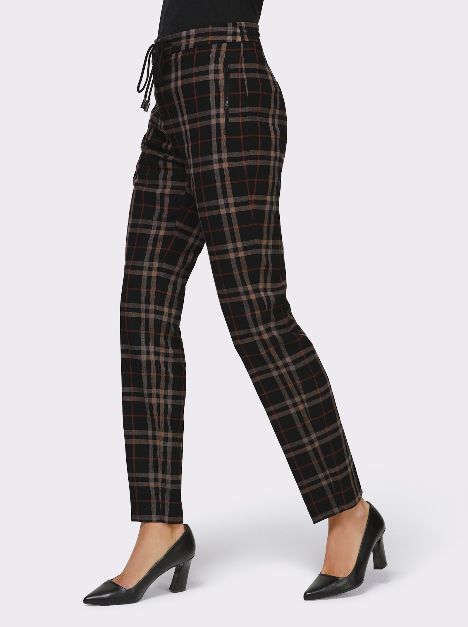 heine Geruite broek met comfortband rondom - zwart-cognac geruit