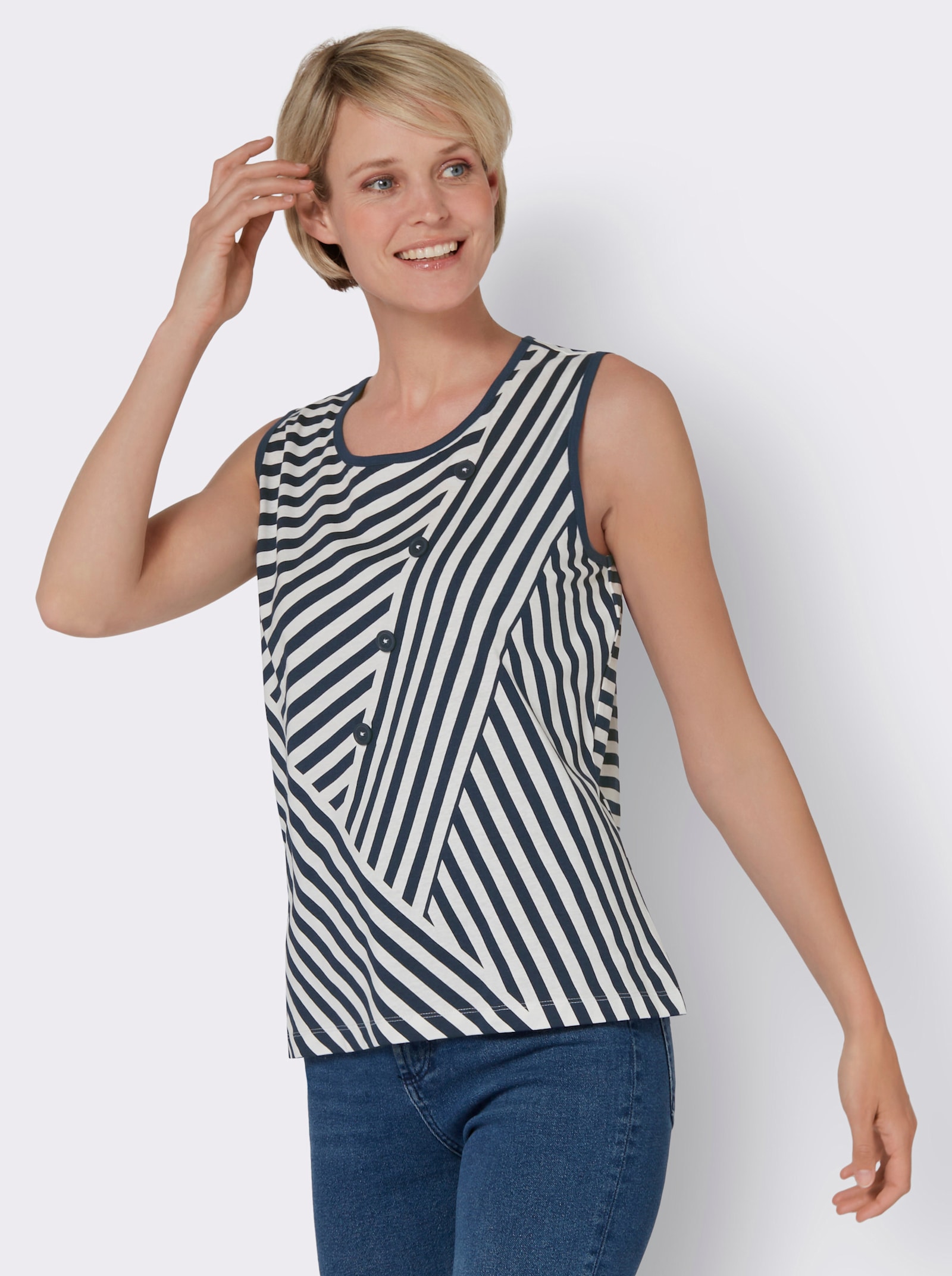 Shirttop mit Zierknöpfen im Vorderteil - ecru-dunkelblau-bedruckt