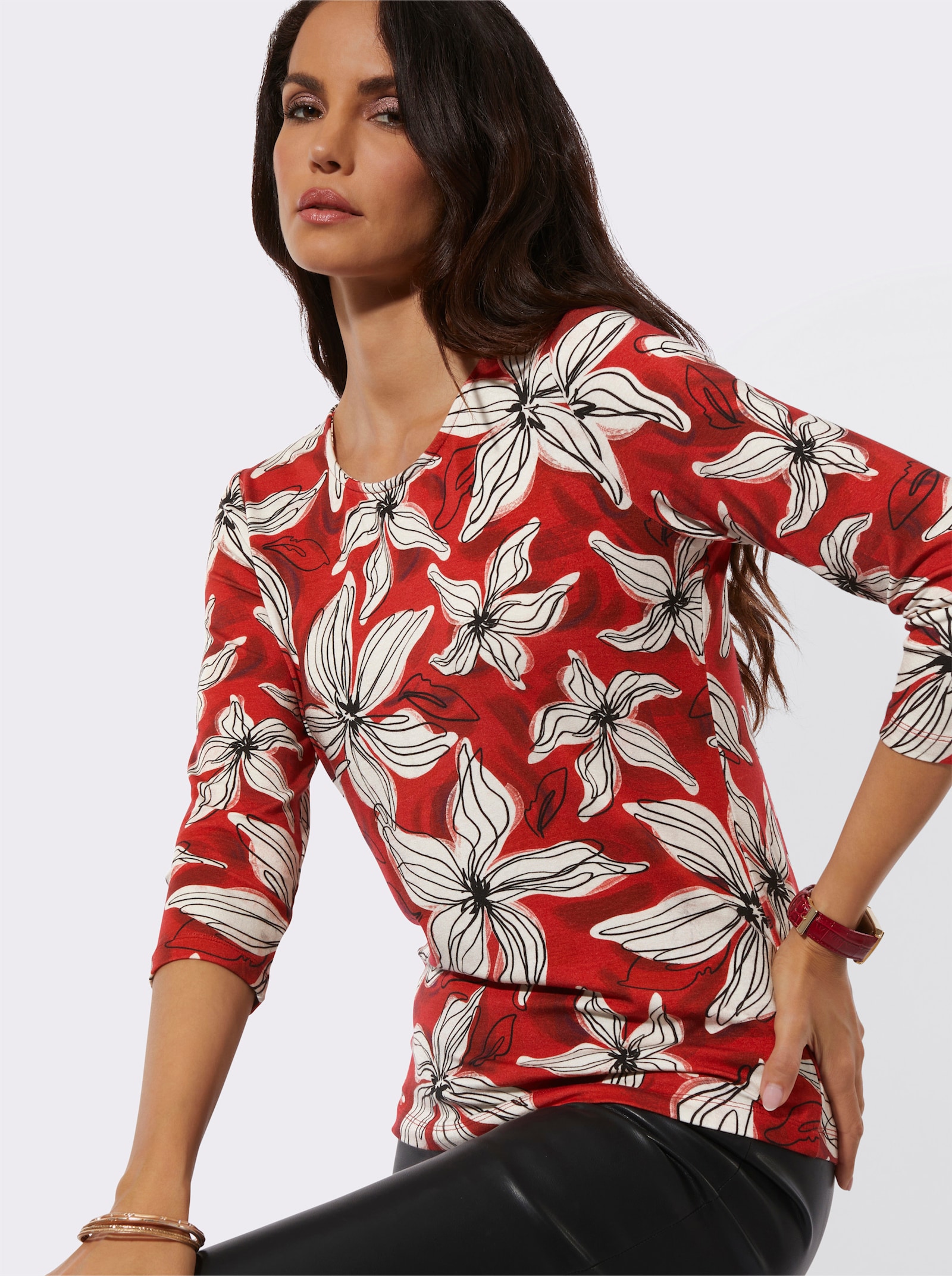3/4-Arm-Shirt im Blüten-Dessin - rot-champagner-bedruckt
