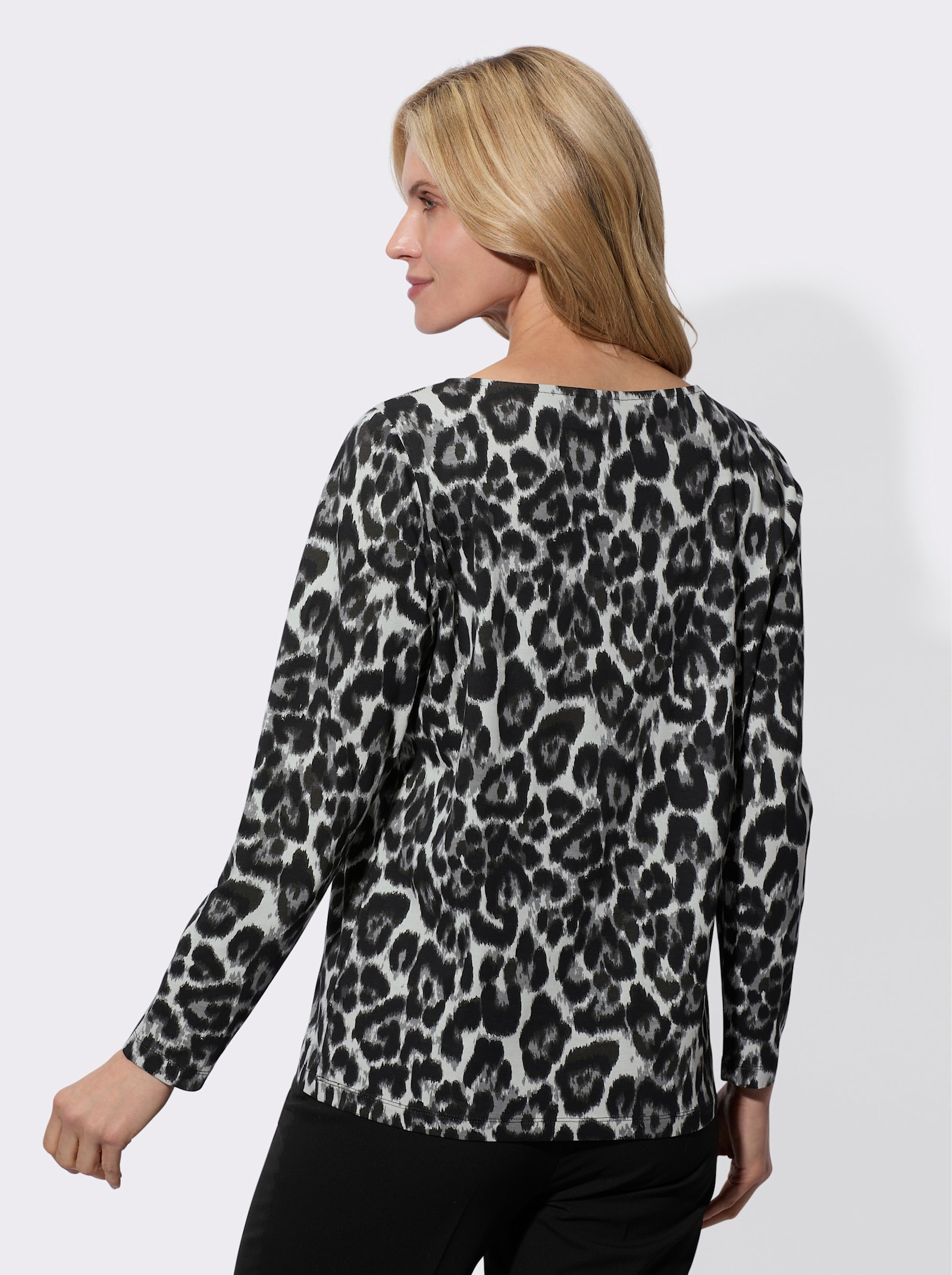 Langarmshirt im Leo-Look - hellgrau-schwarz-bedruckt