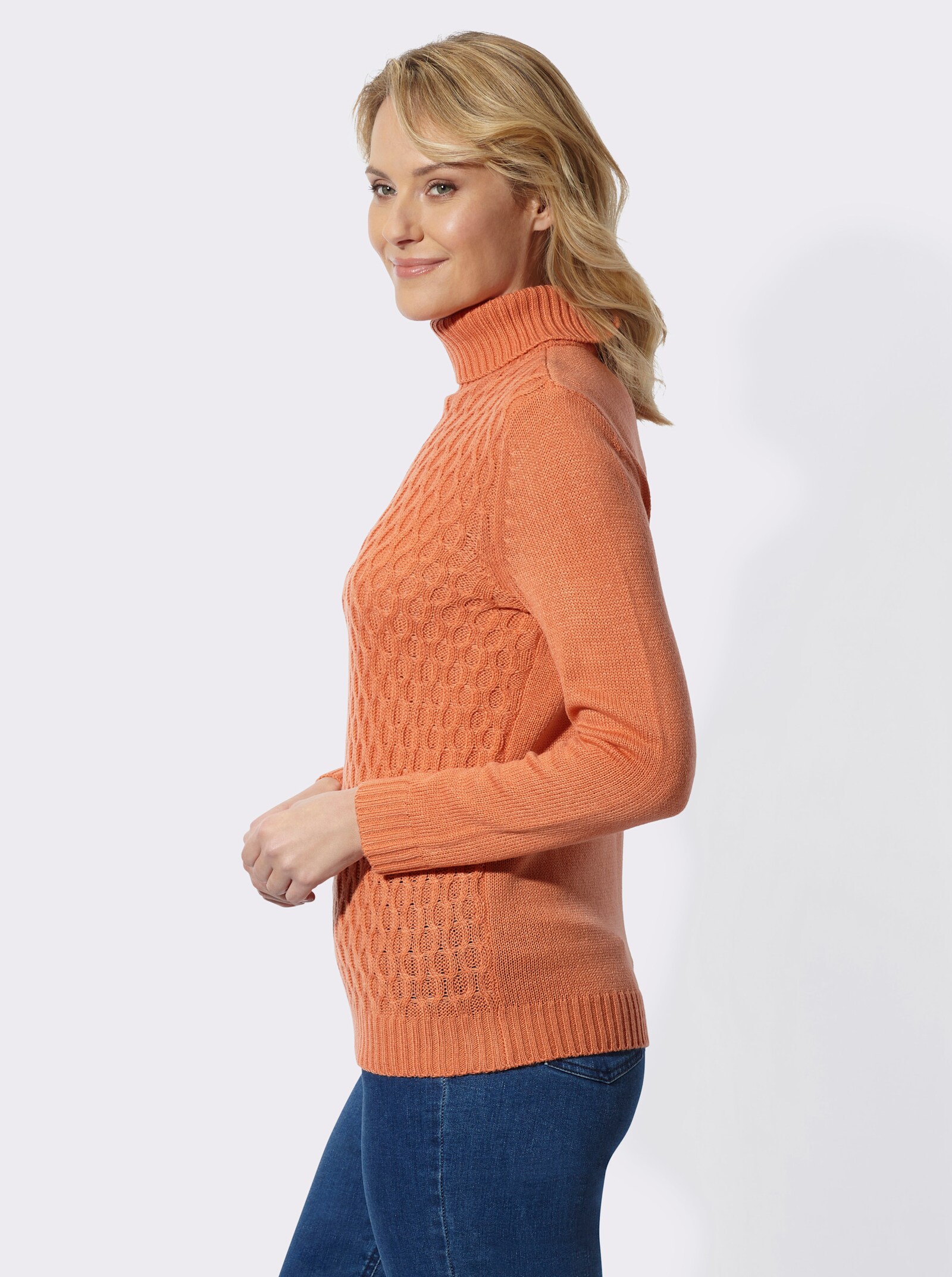 Rollkragenpullover mit Strickmuster - papaya
