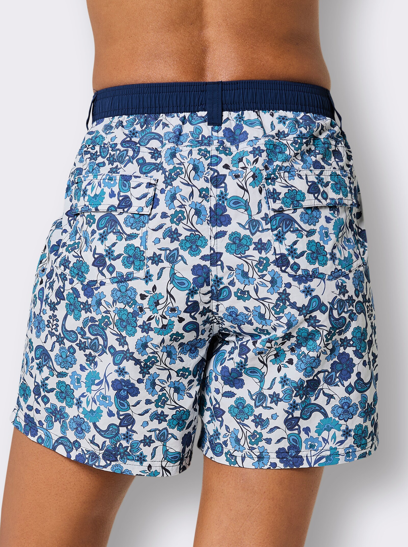 Badeshorts mit 3 Taschen - jeansblau-topas-bedruckt