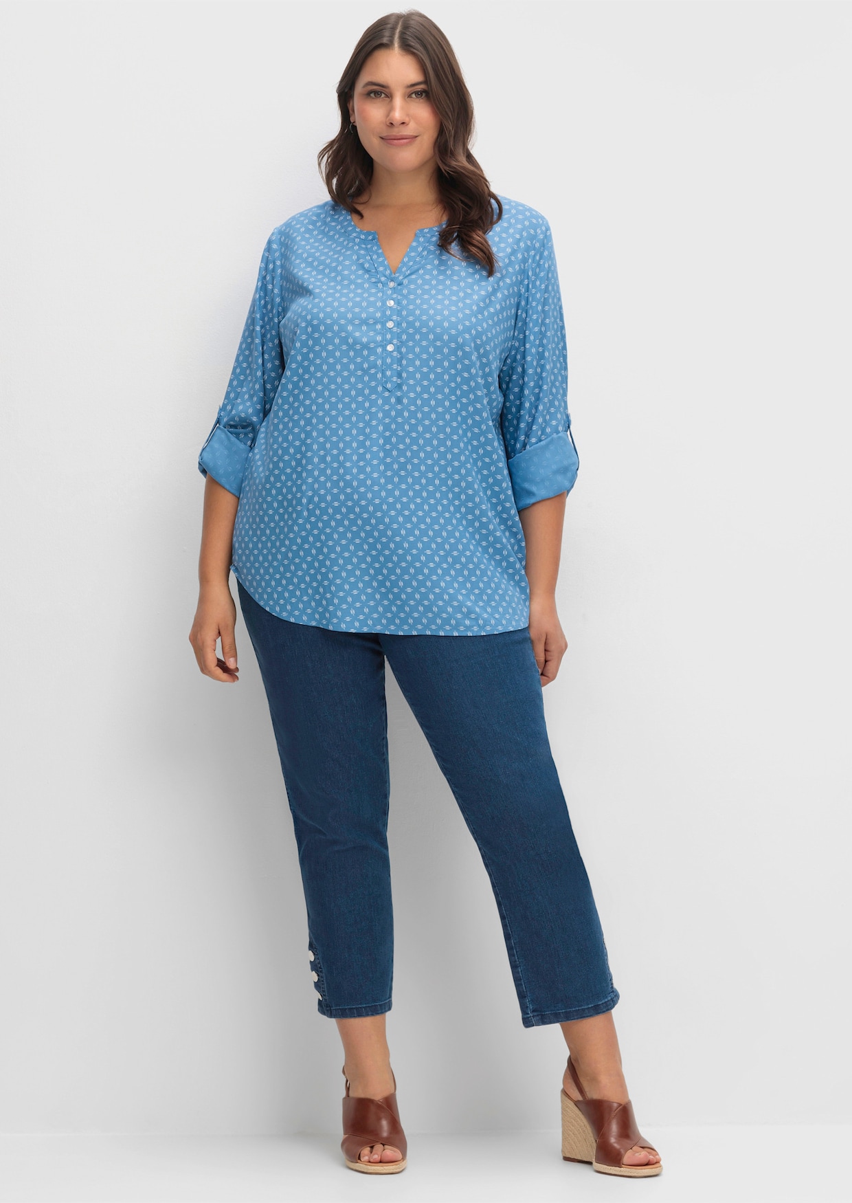 Schlupf-Bluse - mittelblau-weiß-bedruckt