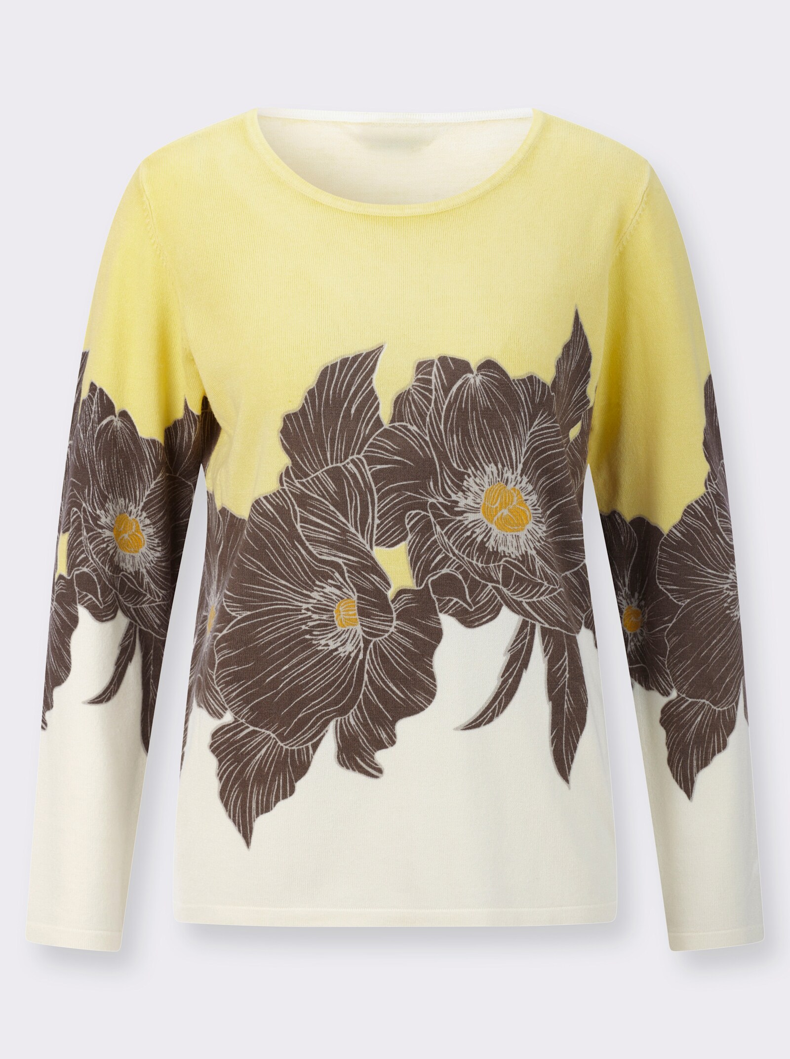 Feinstrickpullover mit Blüten-Dessin - dunkeltaupe-champagner-bedruckt