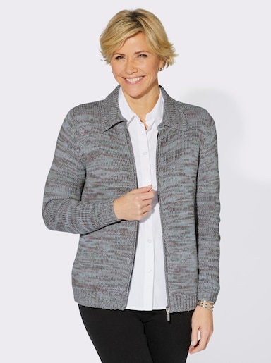 Strickjacke mit geripptem Polokragen - grau-kalkmint-gemustert