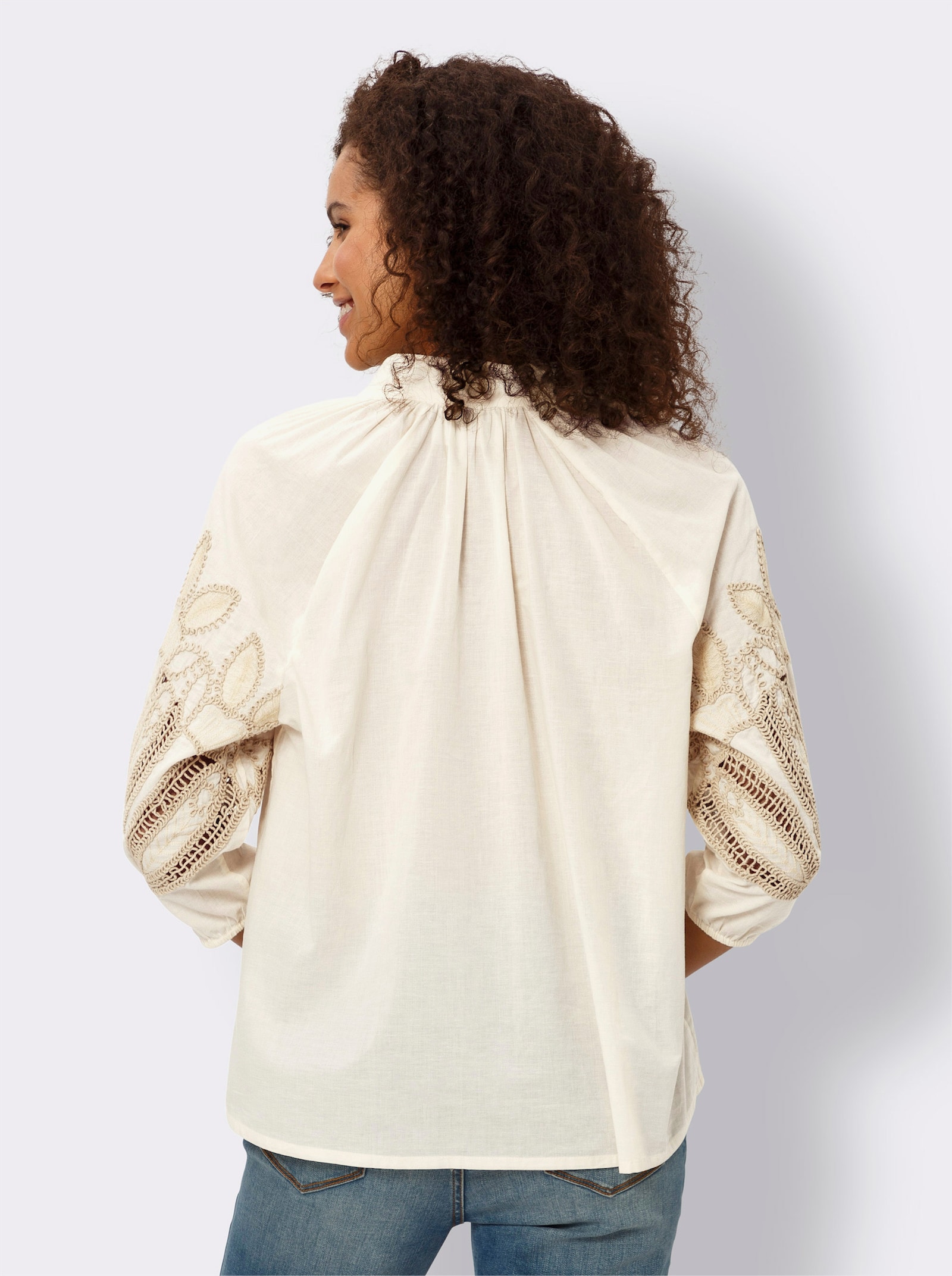 heine Katoenen blouse met geborduurde mouwen - champagne