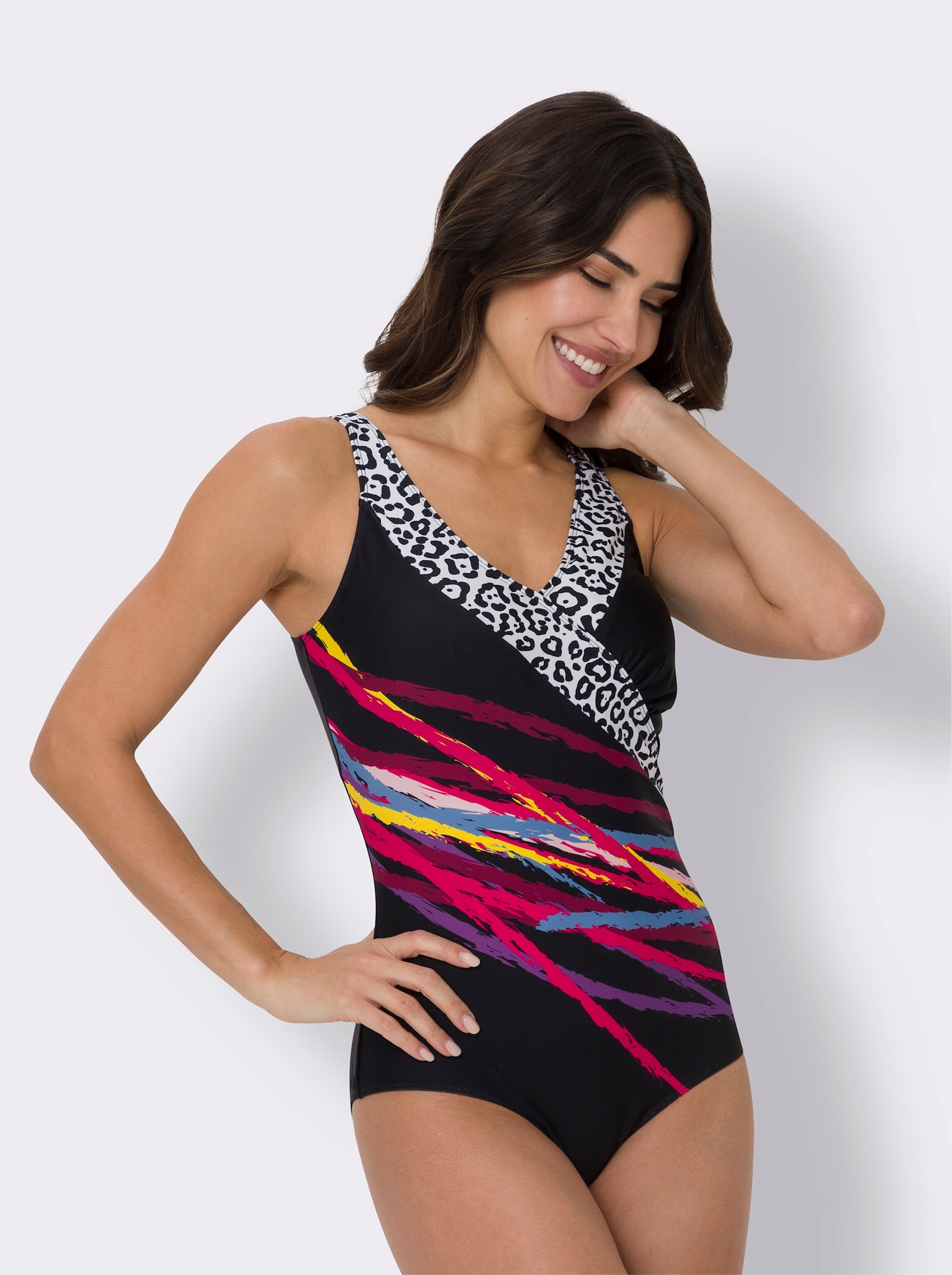 Badeanzug mit Unterbrustband, bedruckt - schwarz-weiß-bedruckt