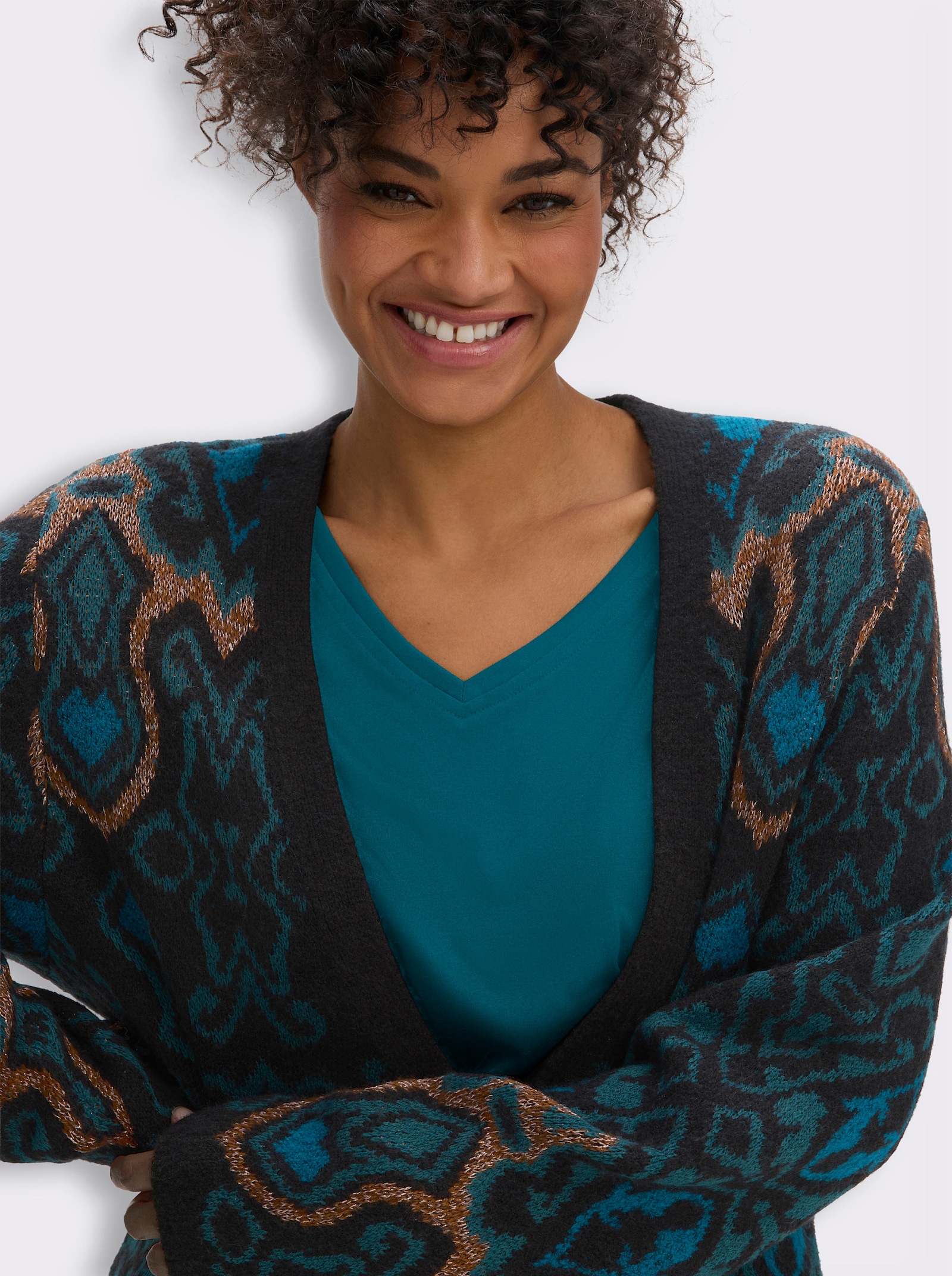 sheego Strickmantel mit Jacquard-Muster - petrol-jade-gemustert