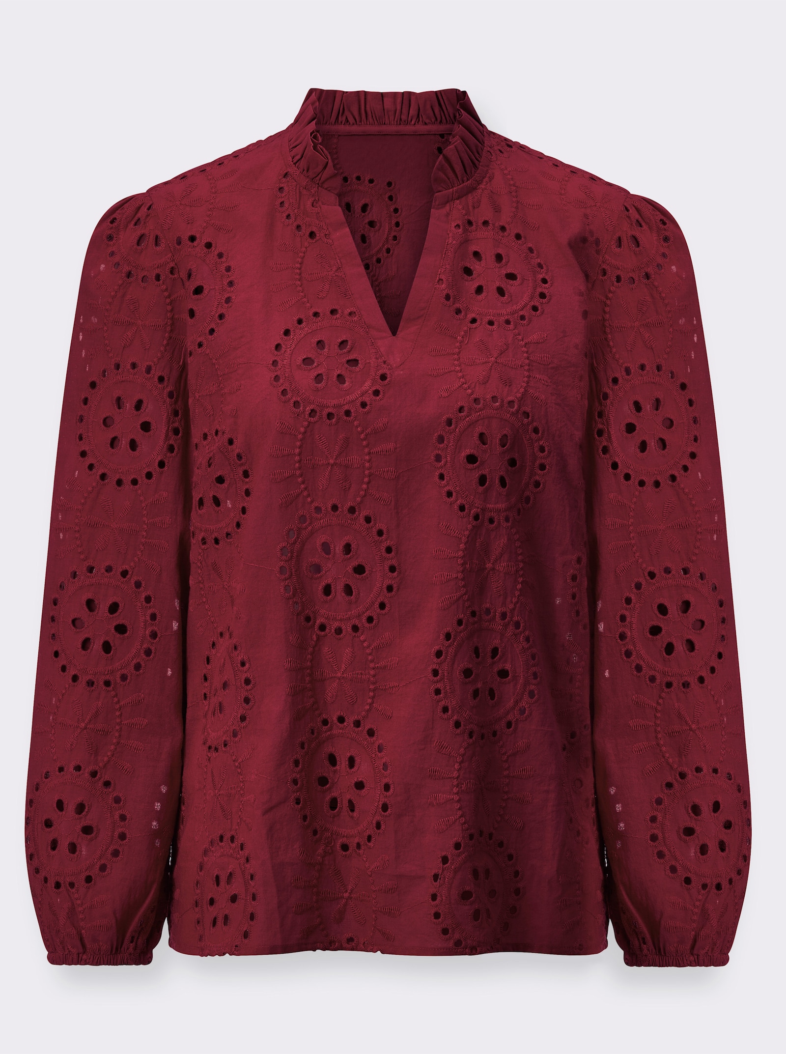 Katoenen blouse met ruches bij de kraag - donkerrood