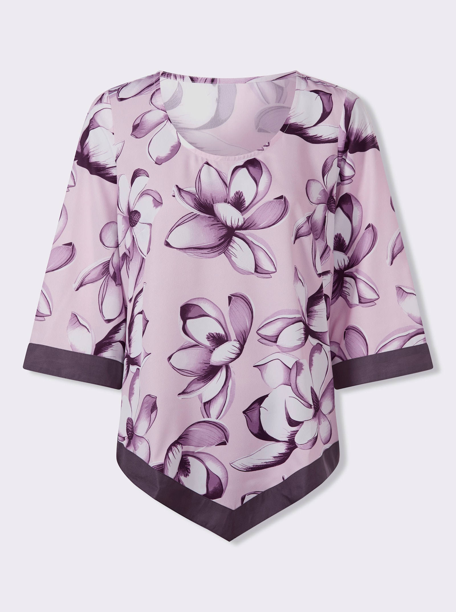 Schlupfbluse mit Trompetenärmeln - rosé-aubergine-bedruckt