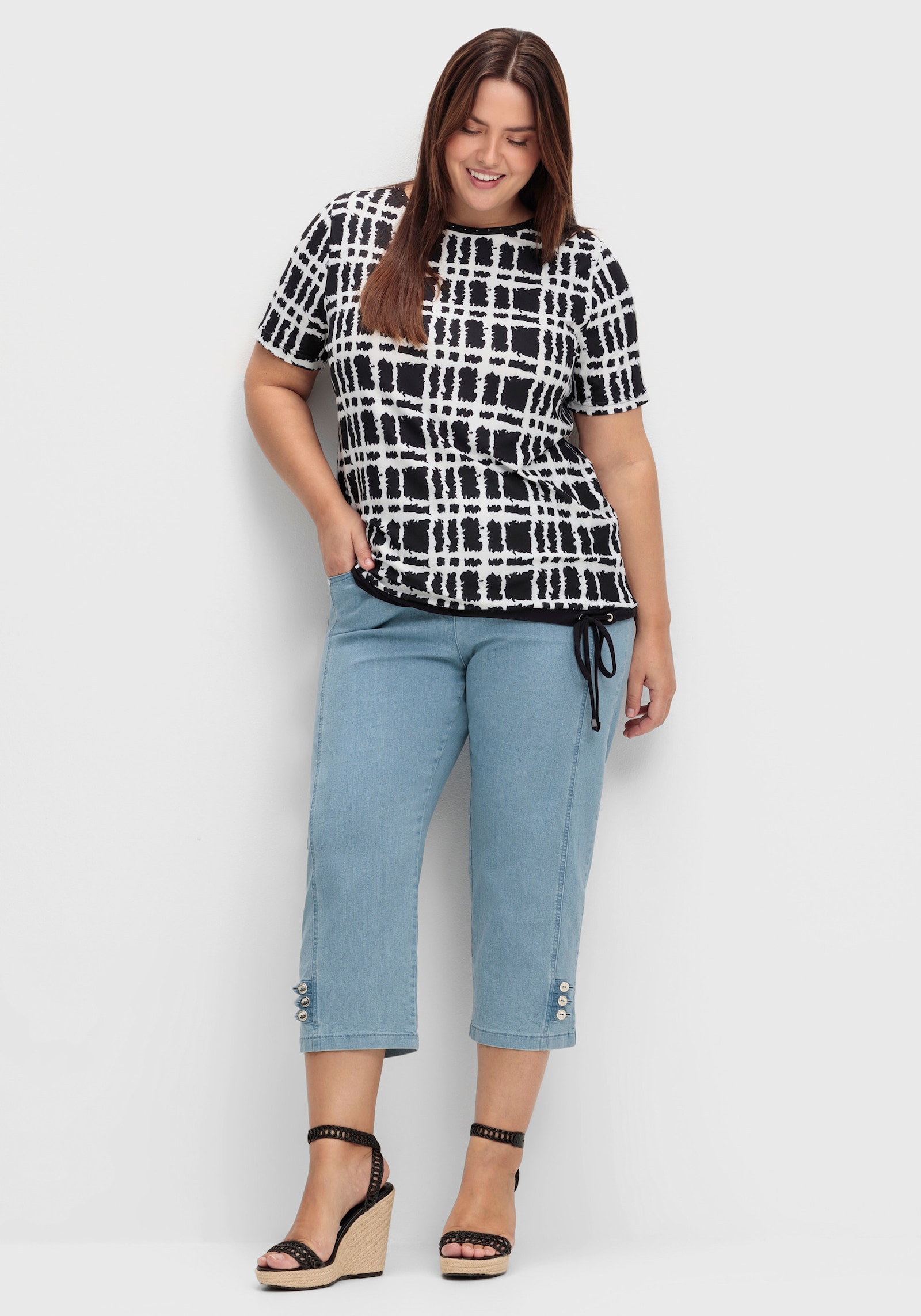 Kurzarmshirt mit Bindebändern - ecru-schwarz-bedruckt